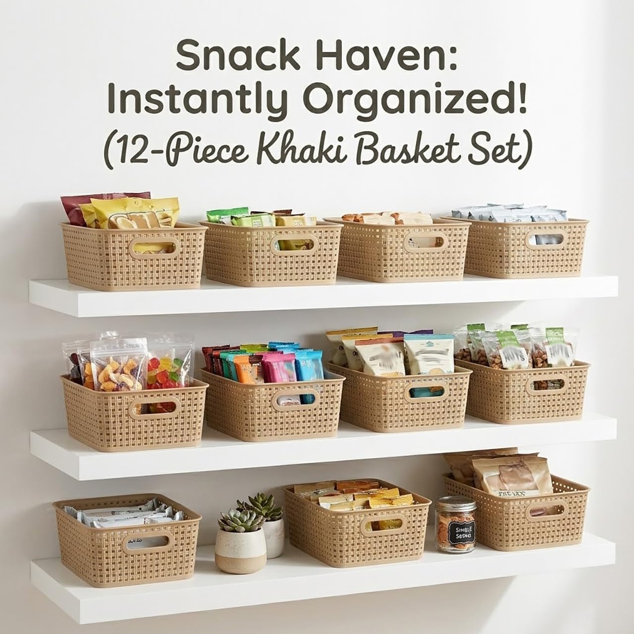 Khaki Stackable Storage Baskets, Plastic Weave Basket Organizer and Storage Set of 12