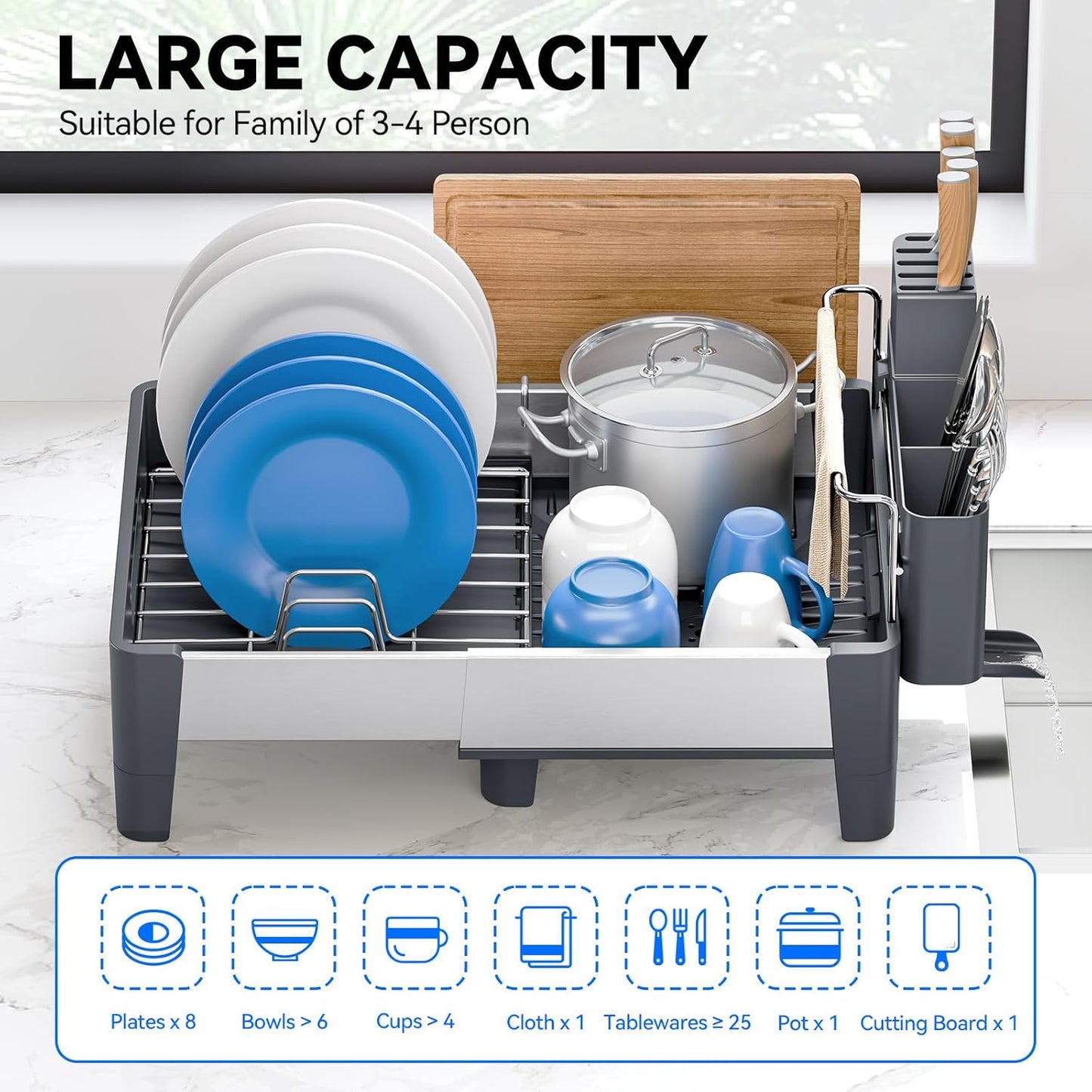 Expandable Dish Drying Rack, Stainless Steel Dish Rack with Aluminum Frame