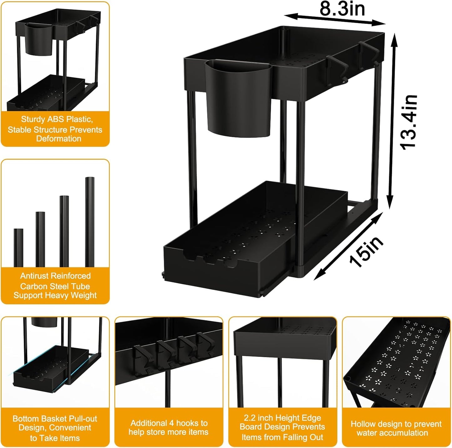 2 Pack Under Sink Organizers and Storage, 2-Tier Sliding Cabinet Organizer Drawer for Bathroom and Kitchen – Multi-Purpose Cabinet Organizer with Easy Pull-Out Design (Black)