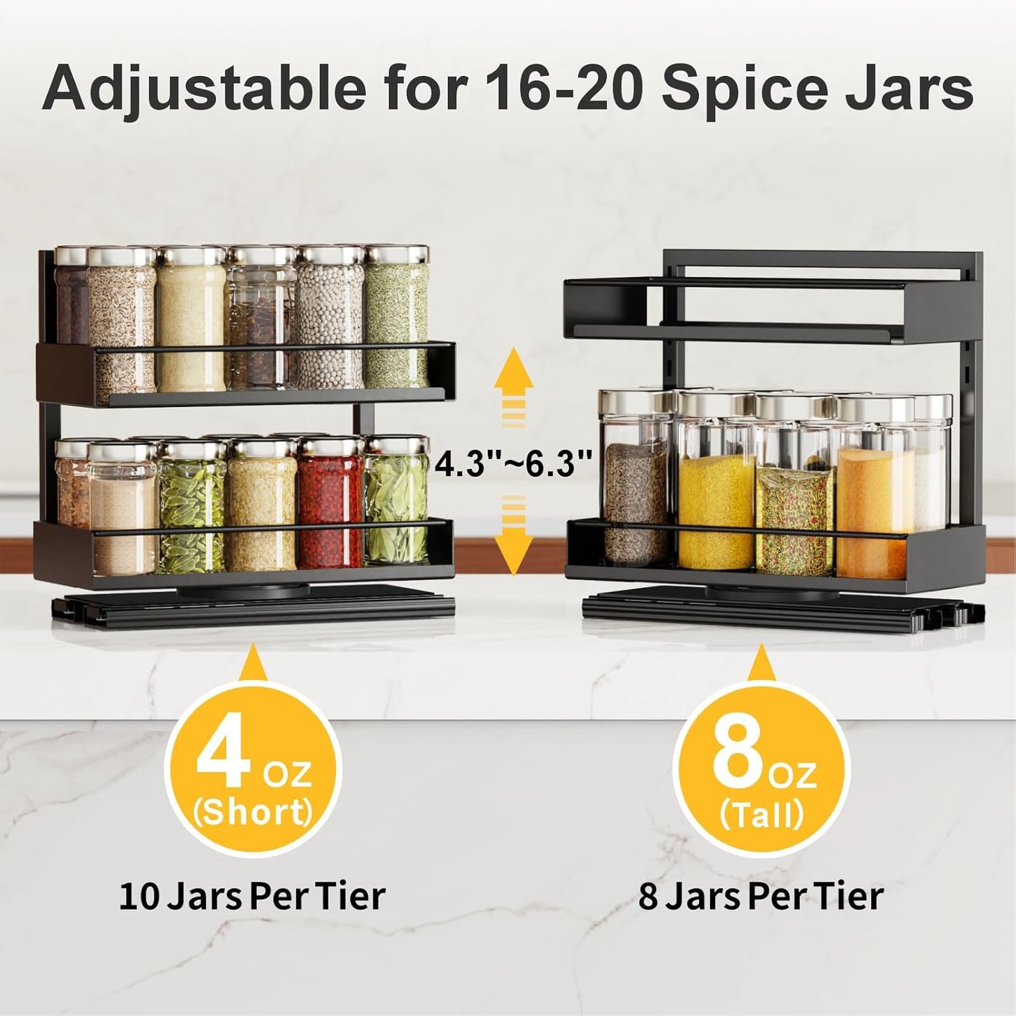 2 Pack Pull Out Spice Rack - Rotate Peel and Stick No-Drill Vertical Spice Rack Organizer for Cabinet Easy Access Spices, Adjust Height for 4oz to 8oz Spice Jars, Fits Small Pantry Cabinet