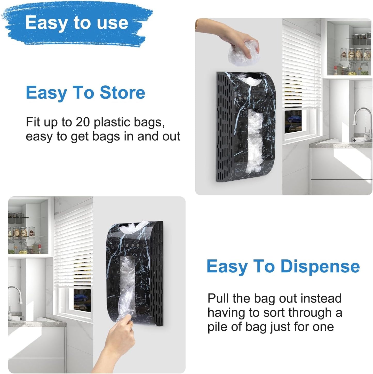 Plastic Bag Holder Black Marble-Look Wall Mount Grocery Bag Holder for Plastic Bags