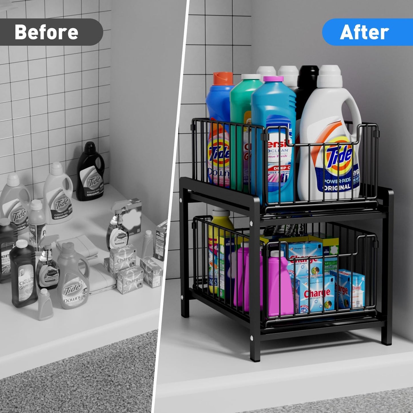 2 Tier Sliding Basket Drawer Organizer, Lxmons Pull Out Under Sink Cabinets Organizers
