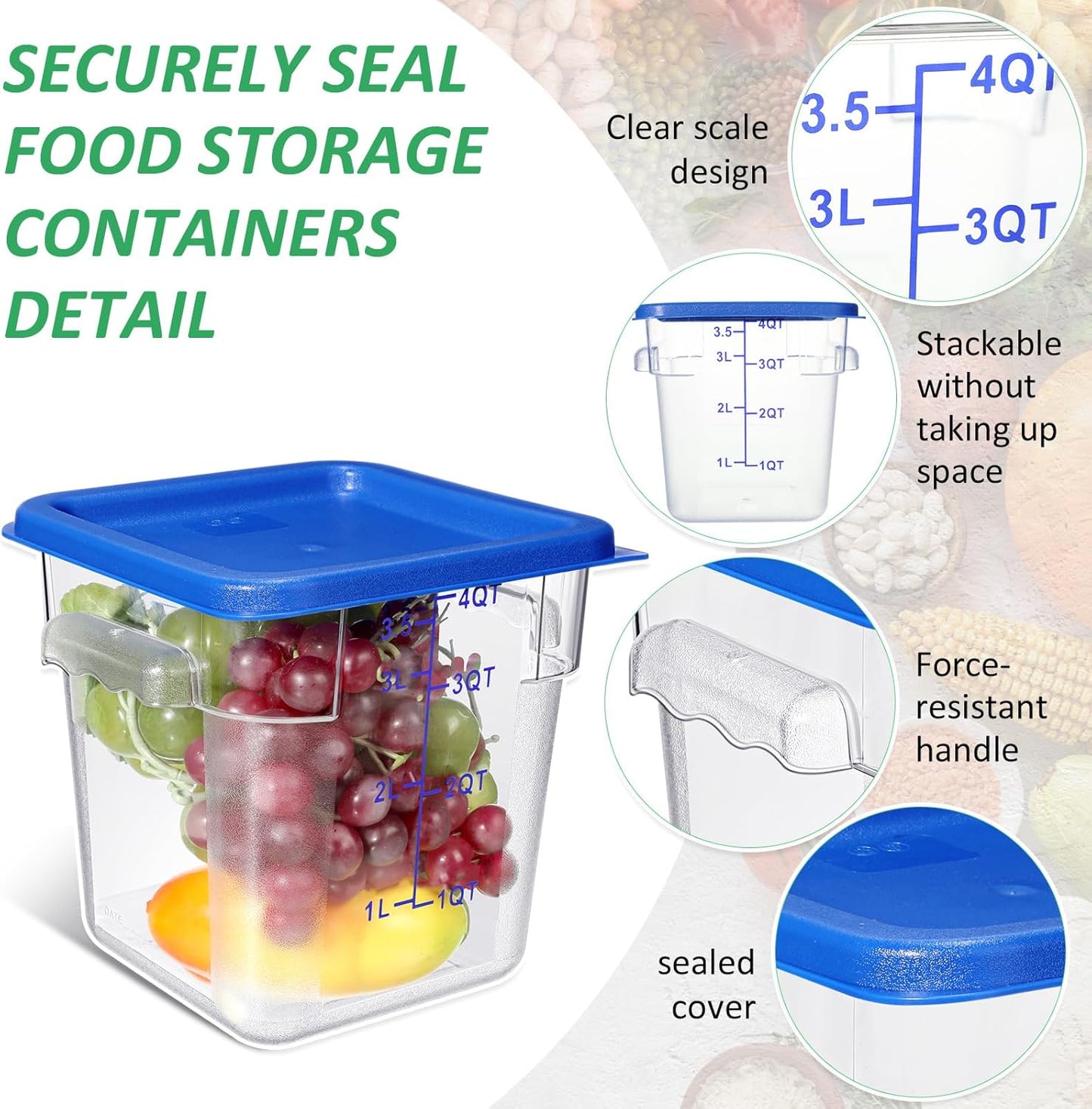6 Pcs Commercial Clear Food Storage Containers 4 Qt Square Acrylic Airtight Food Storage Containers with Lids for Kitchen Restaurant Pantry Freezer Flour Sugar(Blue)