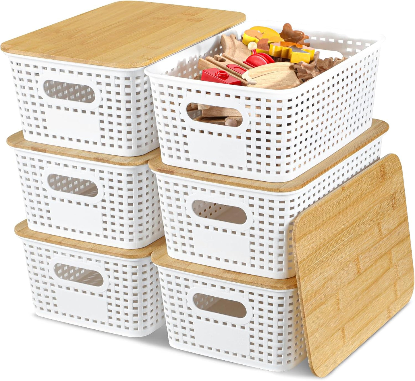 Plastic Storage Baskets with Bamboo Lids for Pantry Organization and Storage Containers Bins for Shelves Drawers Desktop Closet Playroom Classroom Office Home, 6 Pack,White
