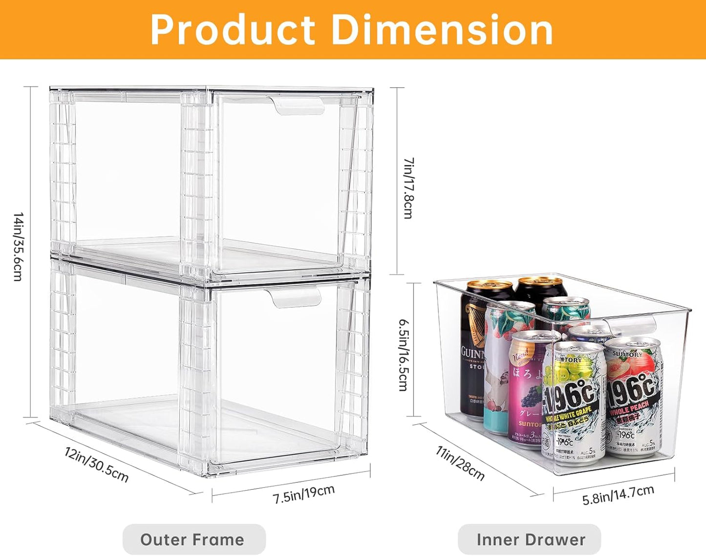 4Pack Large Stackable Kitchen Storage Drawers, Clear Foods Organizer Bins with Handles