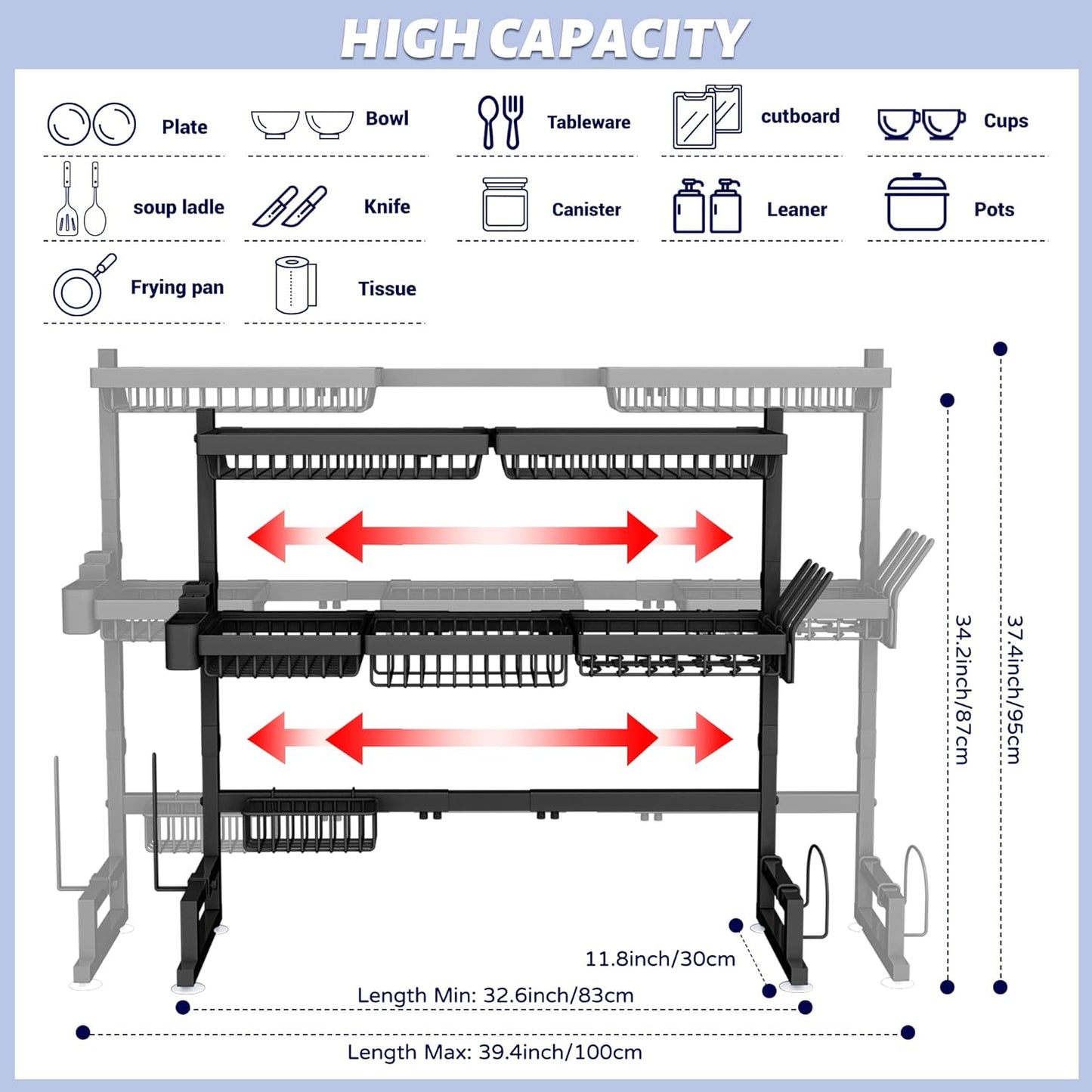 Over The Sink Dish Drying Rack (Expandable Height and Length) Snap-On Design 2 Tier Large Dish Rack 31-39.4L x 12W x 34-38H inches