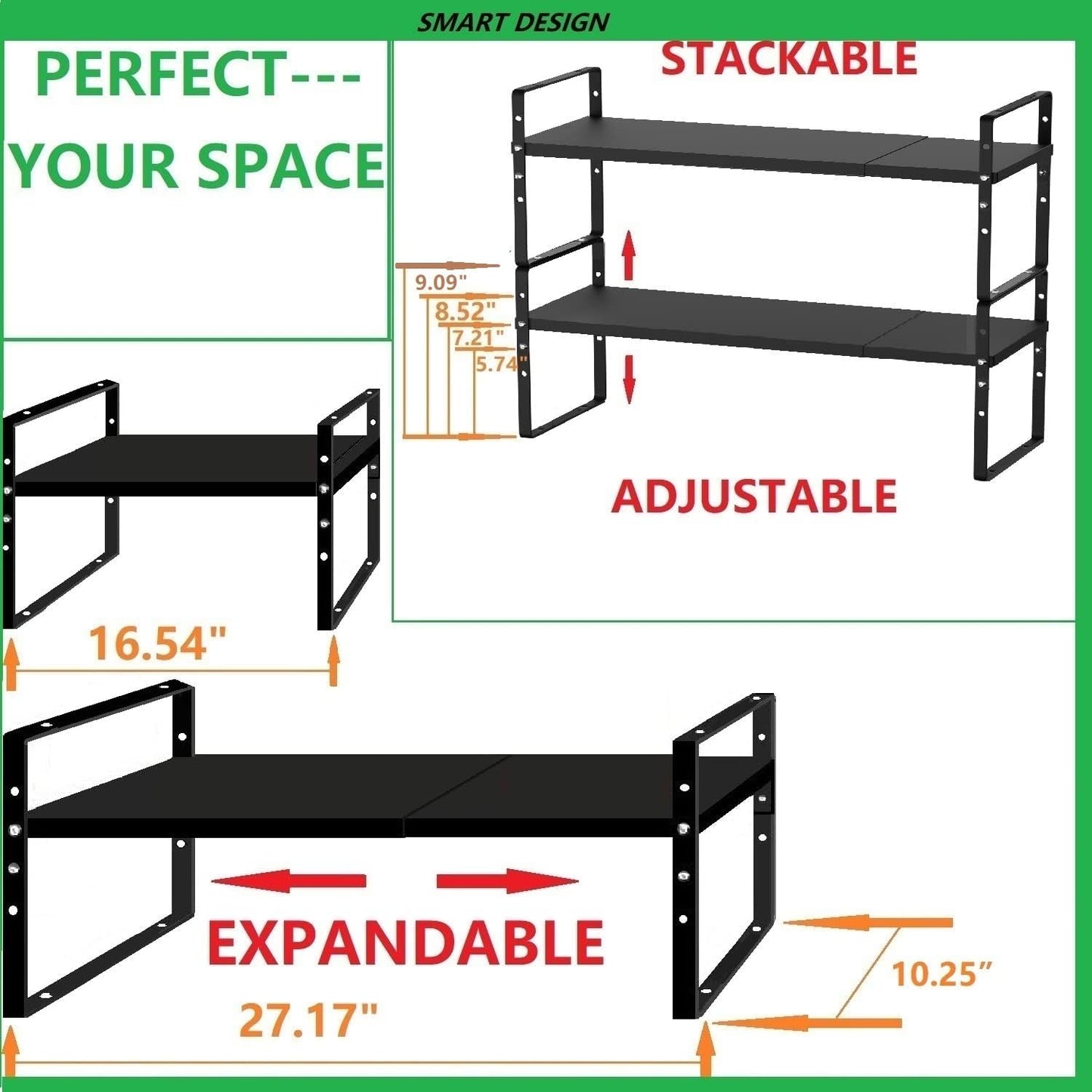 Expandable Stackable Spice Rack Cabinet Shelf Organizer in Cabinets Shelves Kitchen Cupboard Organization Stack up Racks Pantry Countertop Storage Large/Black 1 Pack