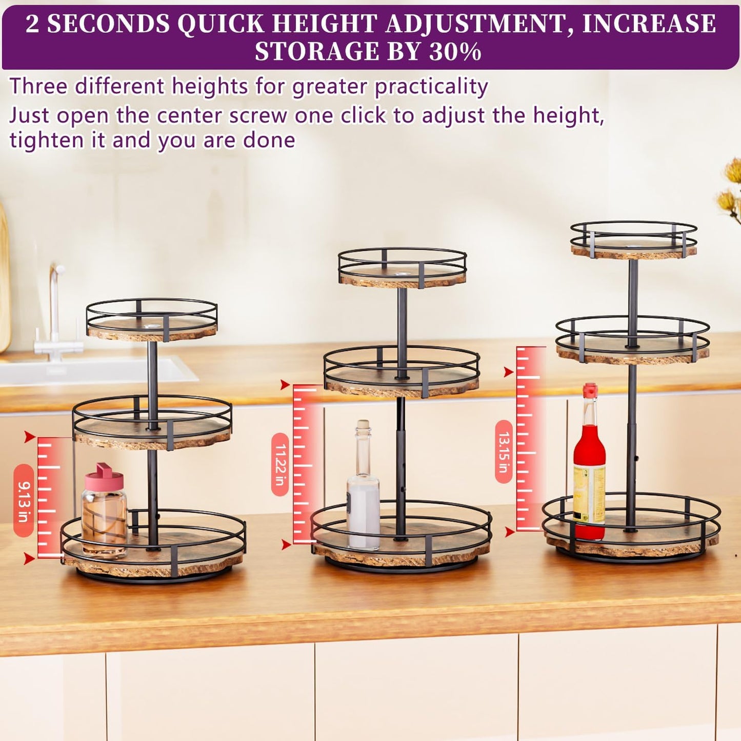 Heavy-Duty 3-Tier Lazy Susan Organizer, Adjustable to Different Heights, Countertop Spice Rack