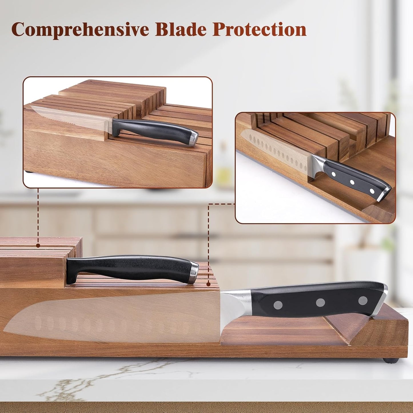 In-Drawer Knife Block, Acacia Wood Kitchen Knife Drawer Organizer