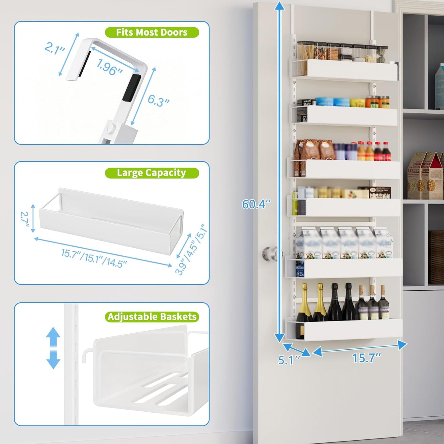 Over The Door Pantry Organizer, 6-Tier Pantry Organization and Storage, Hanging Spice Rack