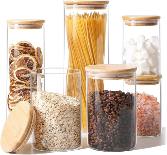 Glass Food Storage Jars Set of 6, Clear Glass Storage Containers with Lids