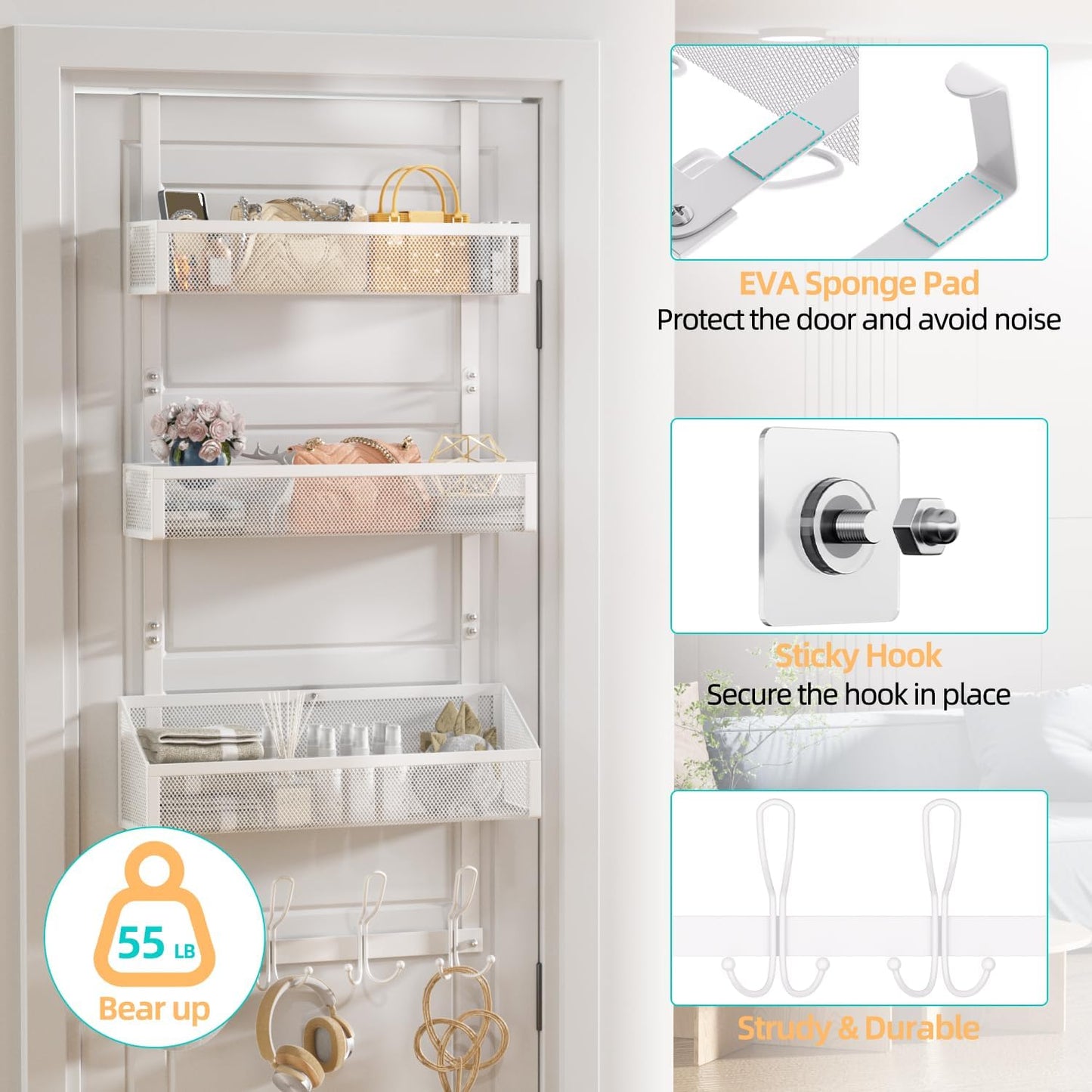 Over Door Hook Organizer 12 Hook Over The Door Organizer with 3 Mesh Baskets
