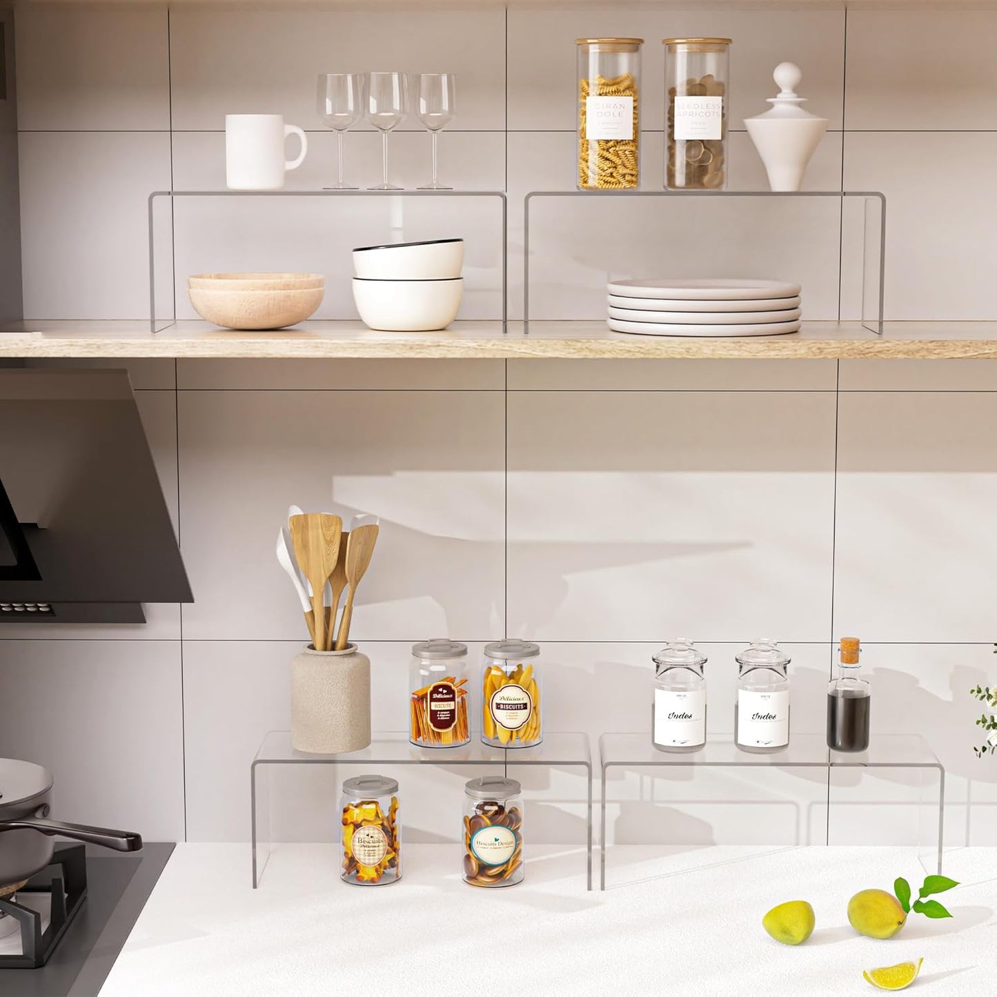 8 Packs Cabinet Organizer Shelf, Acrylic kitchen Cabinet Shelves, Shelf Riser for Dishes, Spices