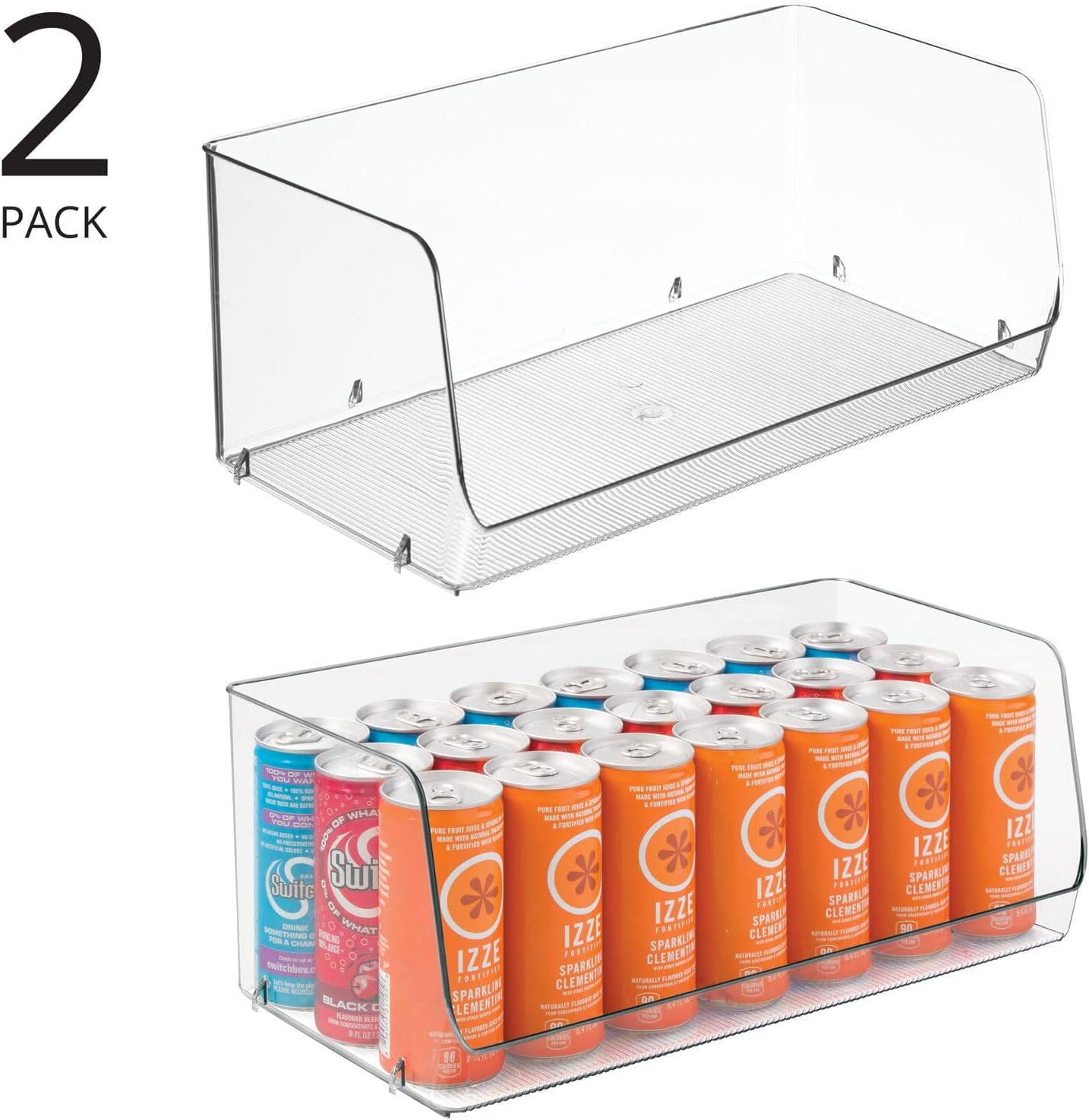 Modern Stackable Plastic Open Front Dip Extra Large Storage Organizer Bin Basket for Kitchen Organization, Shelf, Cubby, Cabinet, and Pantry Organizing Decor, Ligne Collection - 2 Pack - Clear
