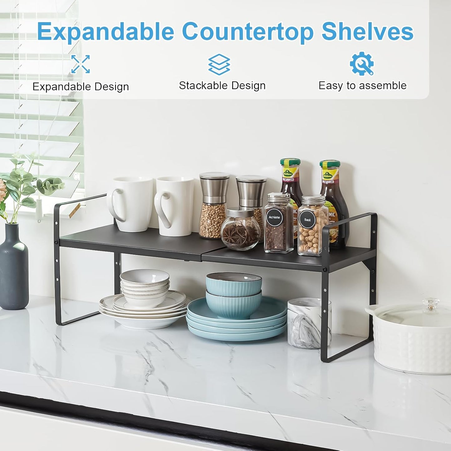 15.5 to 25.5 Inch Kitchen Cabinet Shelf Organizers, Adjustable Kitchen Counter Shelf Organizer