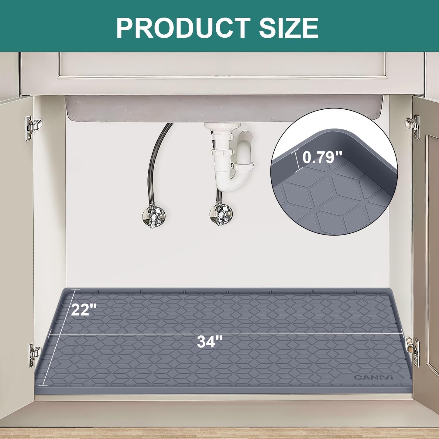 Under Sink Mat, 34" x 22" Waterproof Silicone Under Sink Tray for Kitchen & Laundry Cabinets