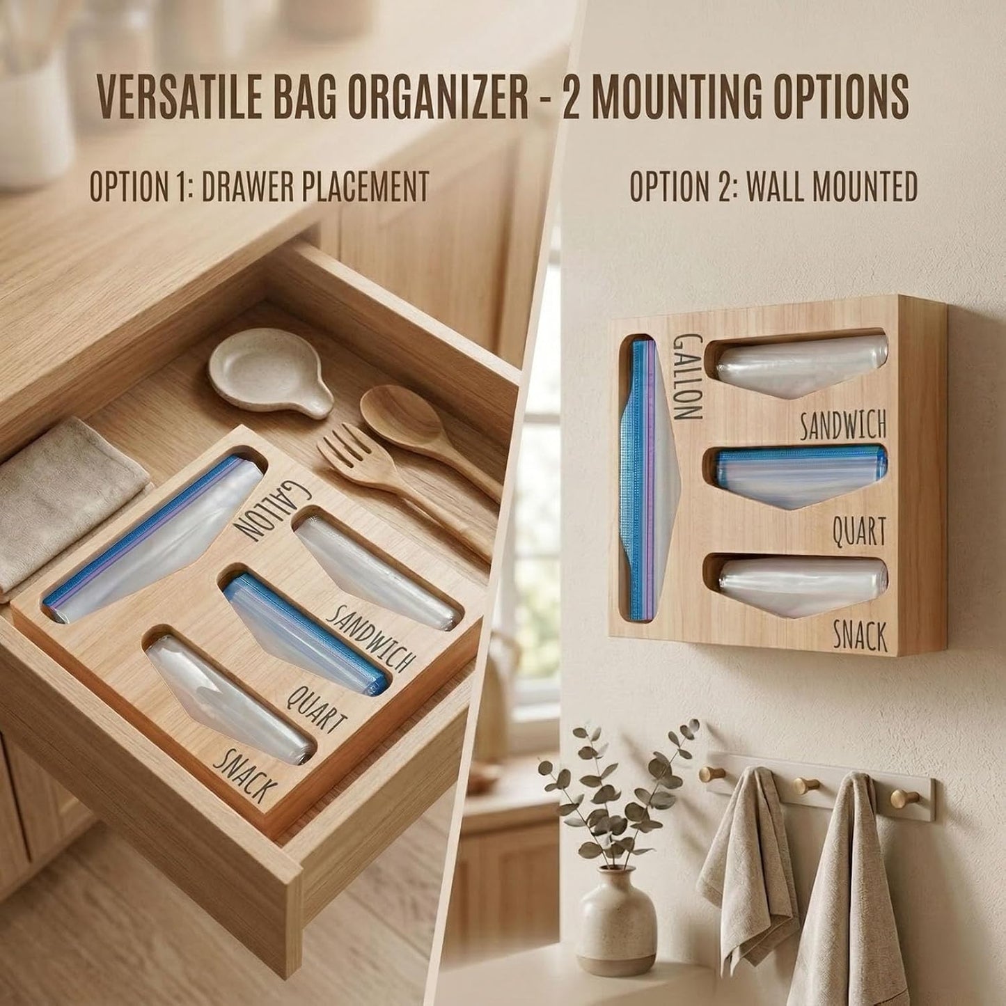 Bag Storage Organizer for Kitchen Drawer, Wooden Farmhouse Style Bags Organizer