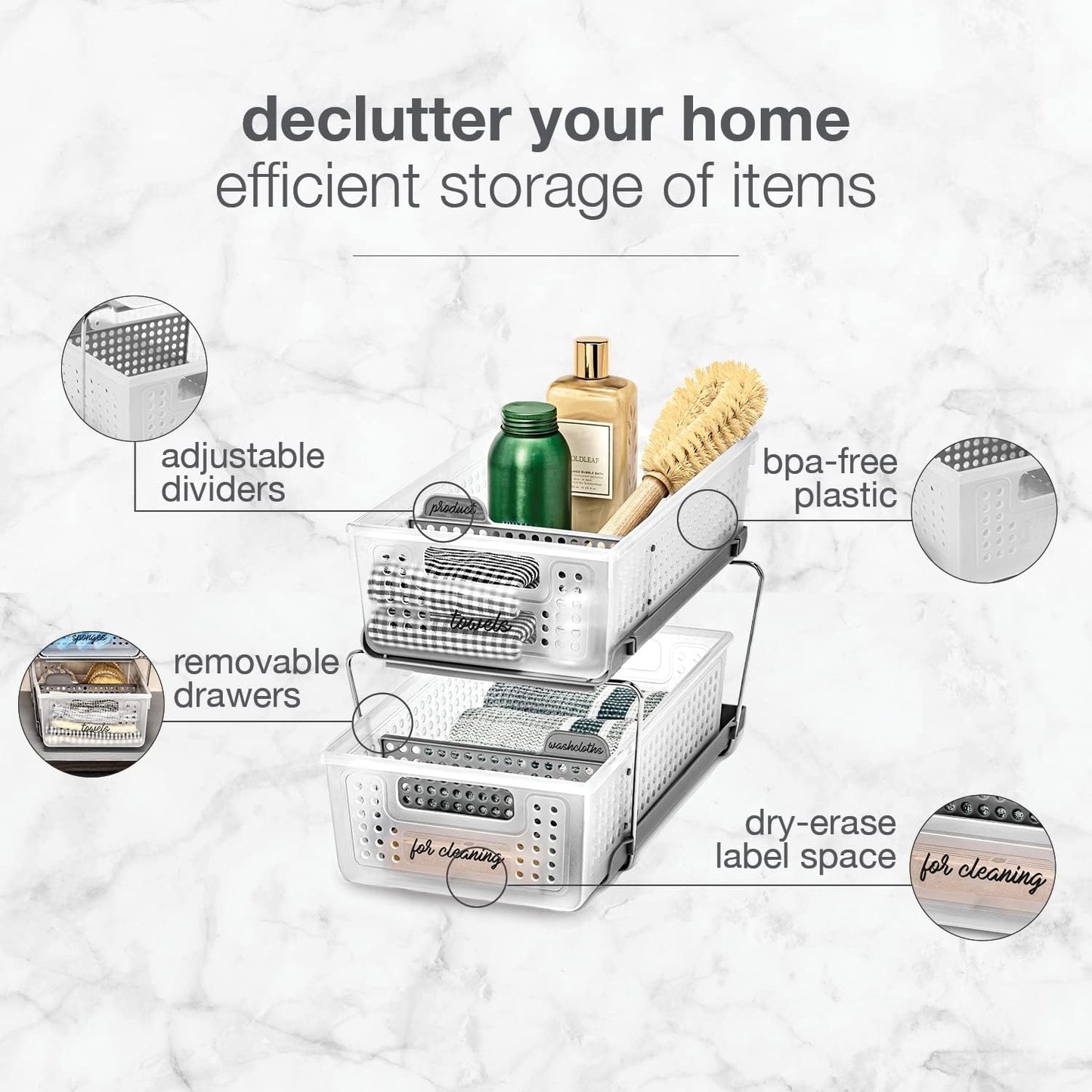 2 Tier Bath Organizer, Undersink Storage with Sliding Drawers, for Cleaning Supplies, Pantry