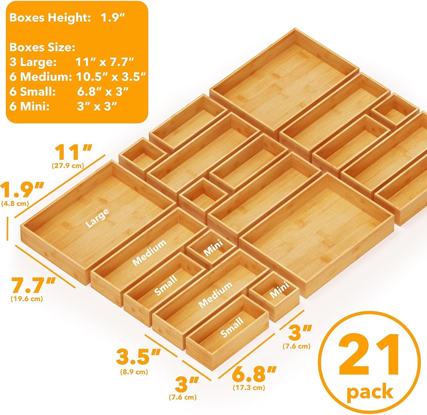 21-Piece Bamboo Drawer Organizer Storage Boxes Set