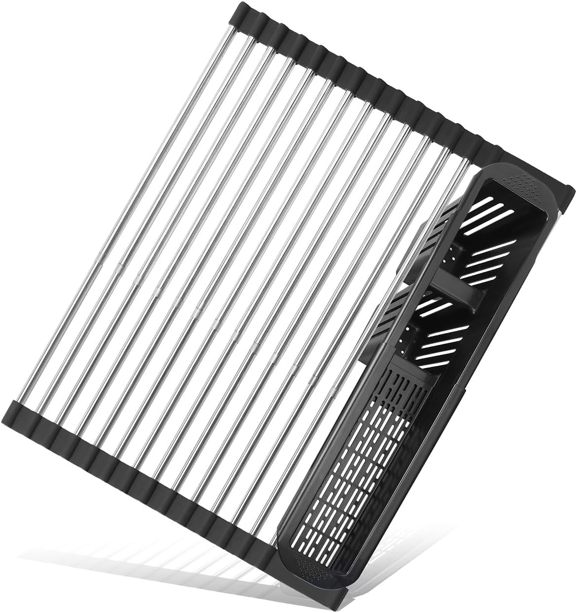 Roll Up Dish Drying Rack,Expandable Over The Sink Dish Drainer,Stainless Steel Kitchen Rolling Sink Rack with Utensil Holder,Length Up to 22.3" (Black)