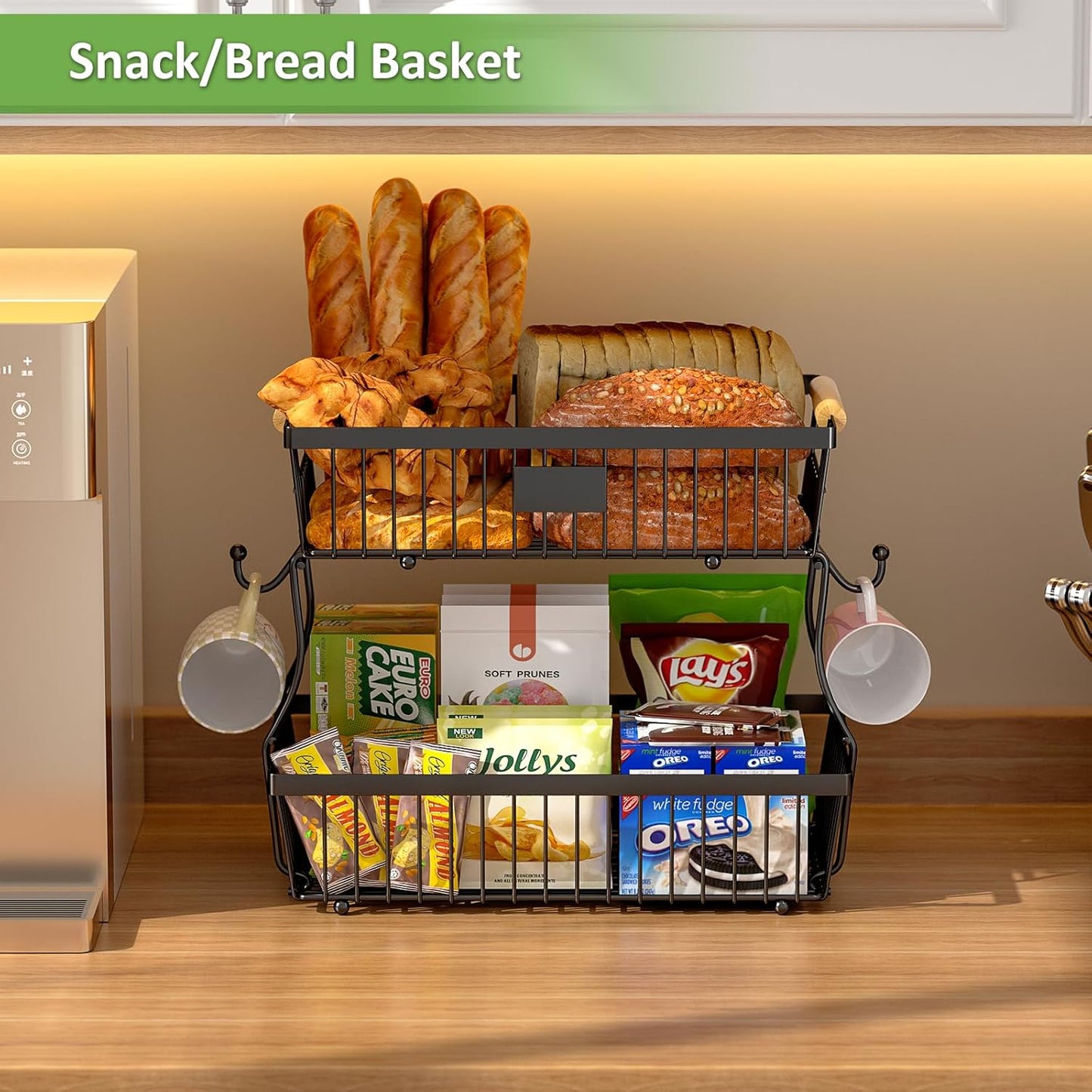 2 Tier Fruit Basket for Kitchen Counter with 2 Banana Hangers