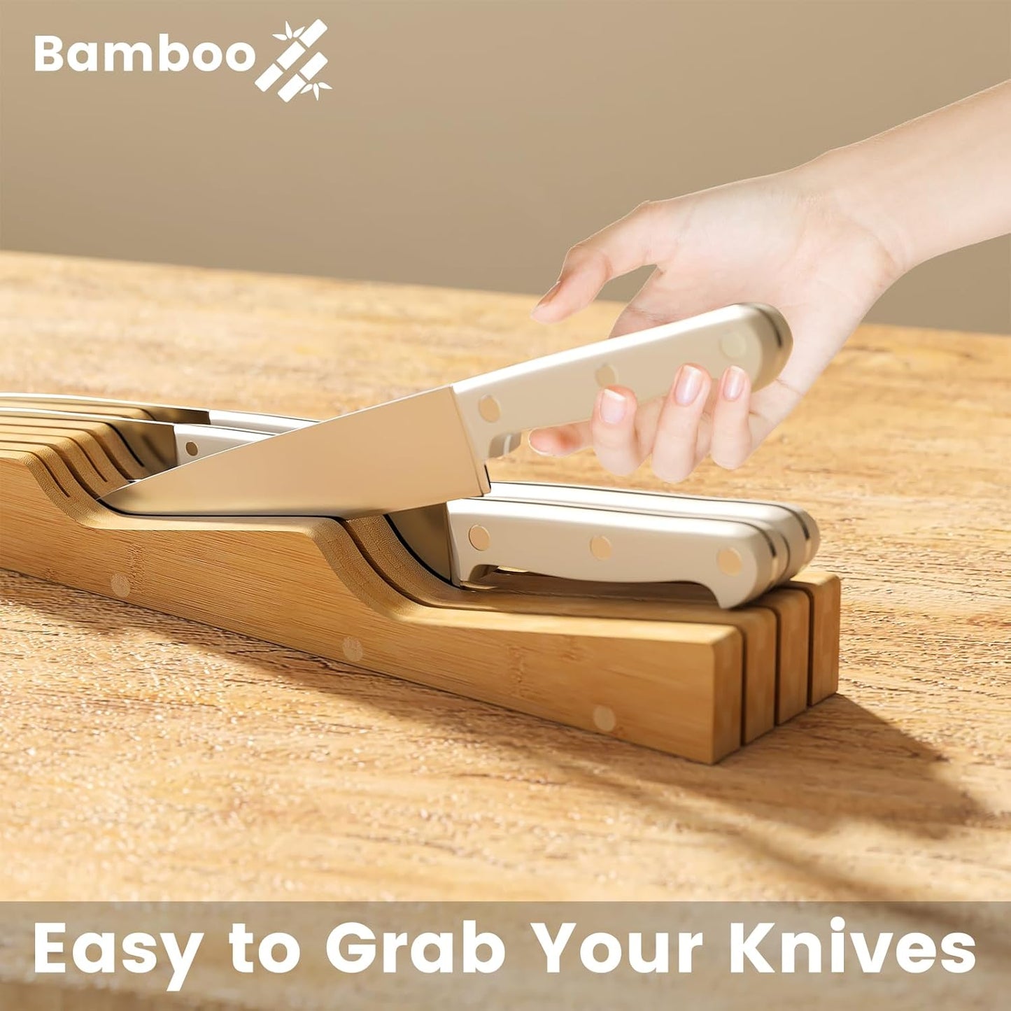 Bamboo In-Drawer Knife Block for 7 Knives(Not Included)