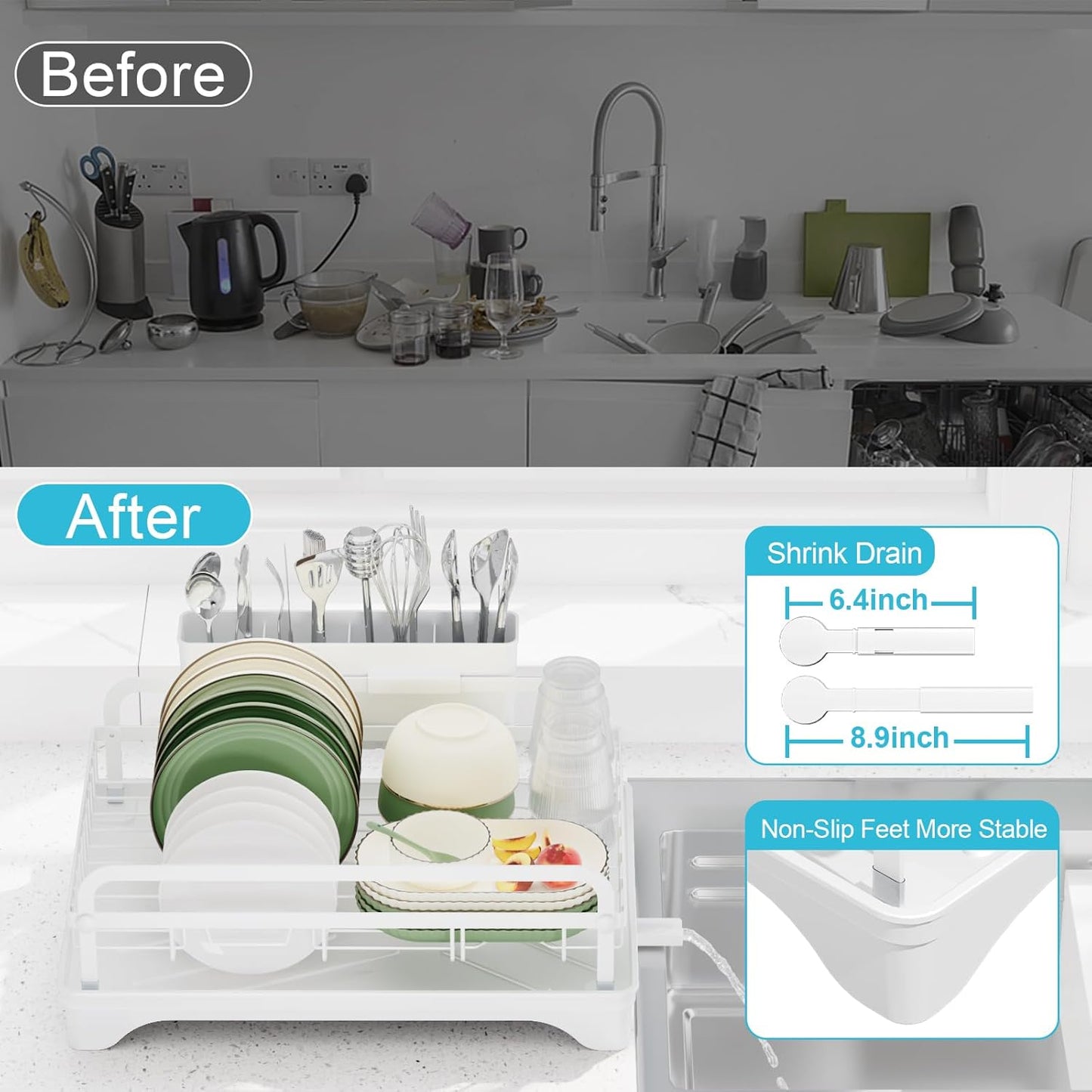 Dish Drying Rack for Kitchen Counter - Large Capacity Dish Drying Rack with Drainboard