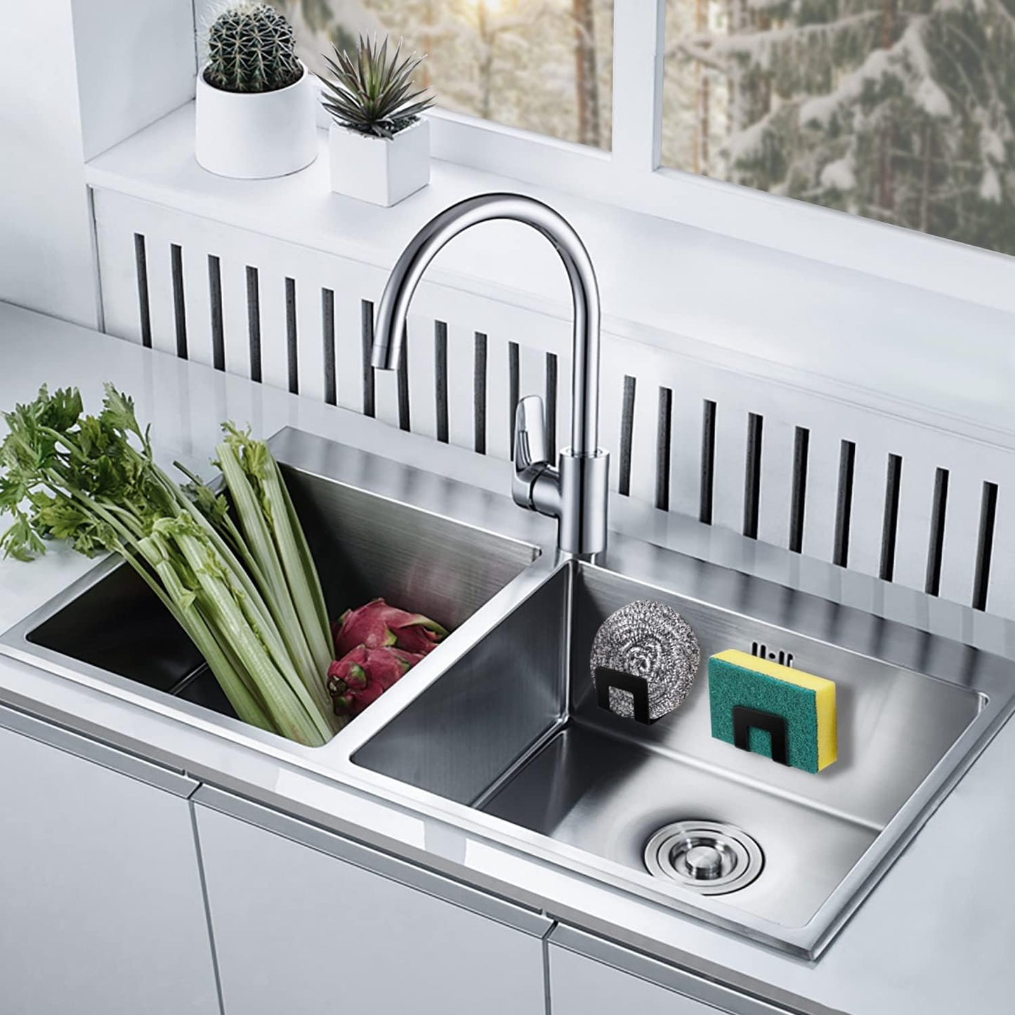2Pcs Sponge Holder for Kitchen Sink,Premium SUS304 Stainless Steel Waterproof Sink Caddy,Quick Drying - Black