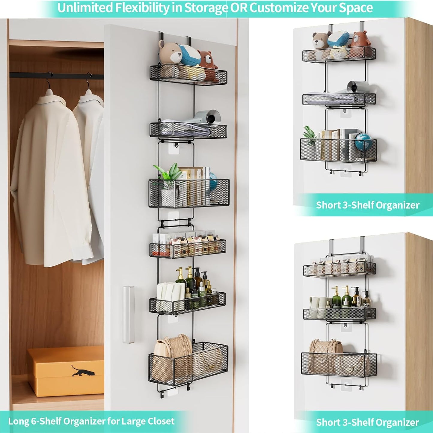 Over Door Organizer Storage - Separable Door Organizer Hanging with 6 Metal Large Capacity Baskets for Bathroom Bedroom Kitchen Pantry Closet (Black)