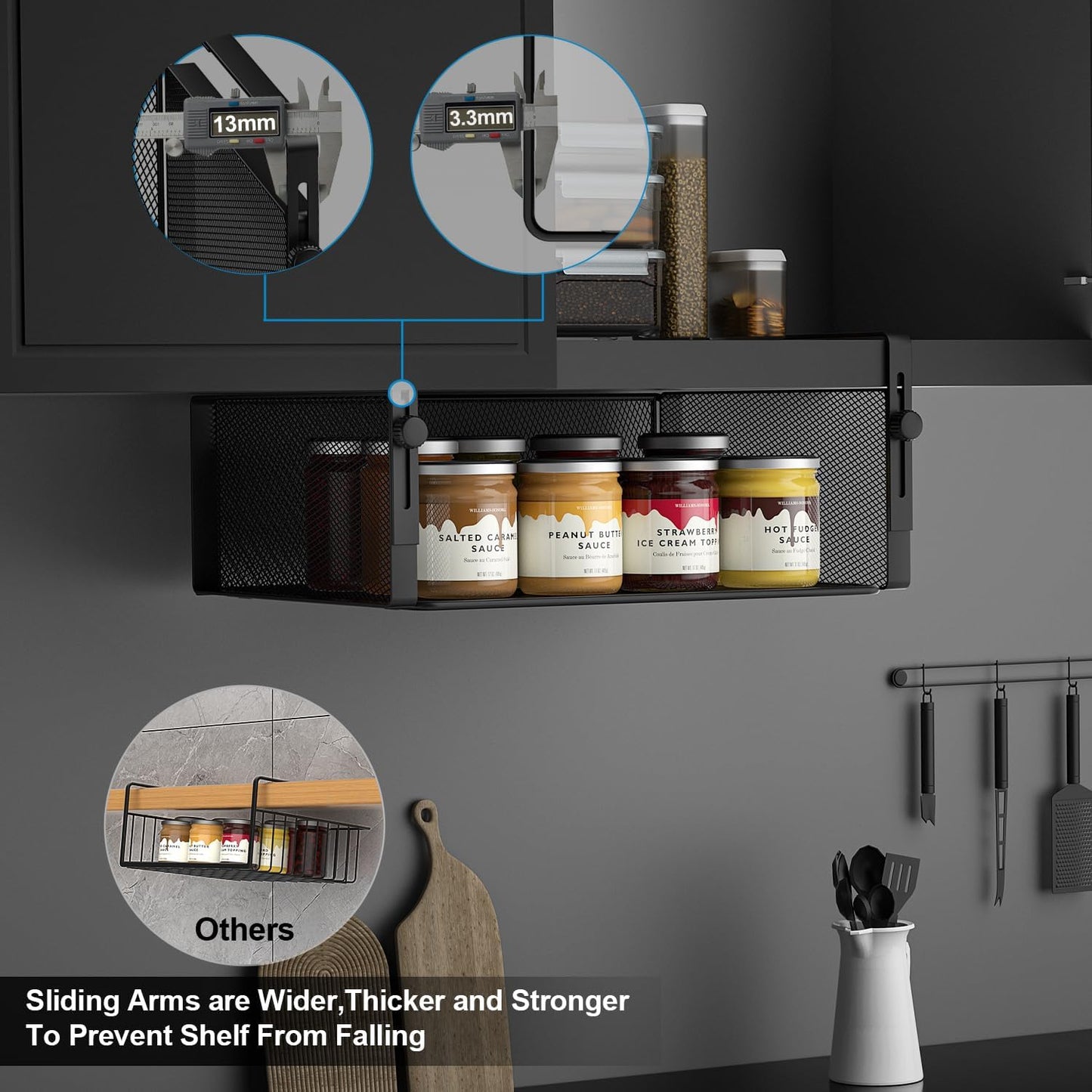 2Pack Under Shelf Basket Organizer,Adjustable Hanging Holder for Cabinet Pantry Kitchen Cupboard Desk Counter Bookshelf Organization Add-on Space Saver Heavy Duty Slide-in (Black, Large)