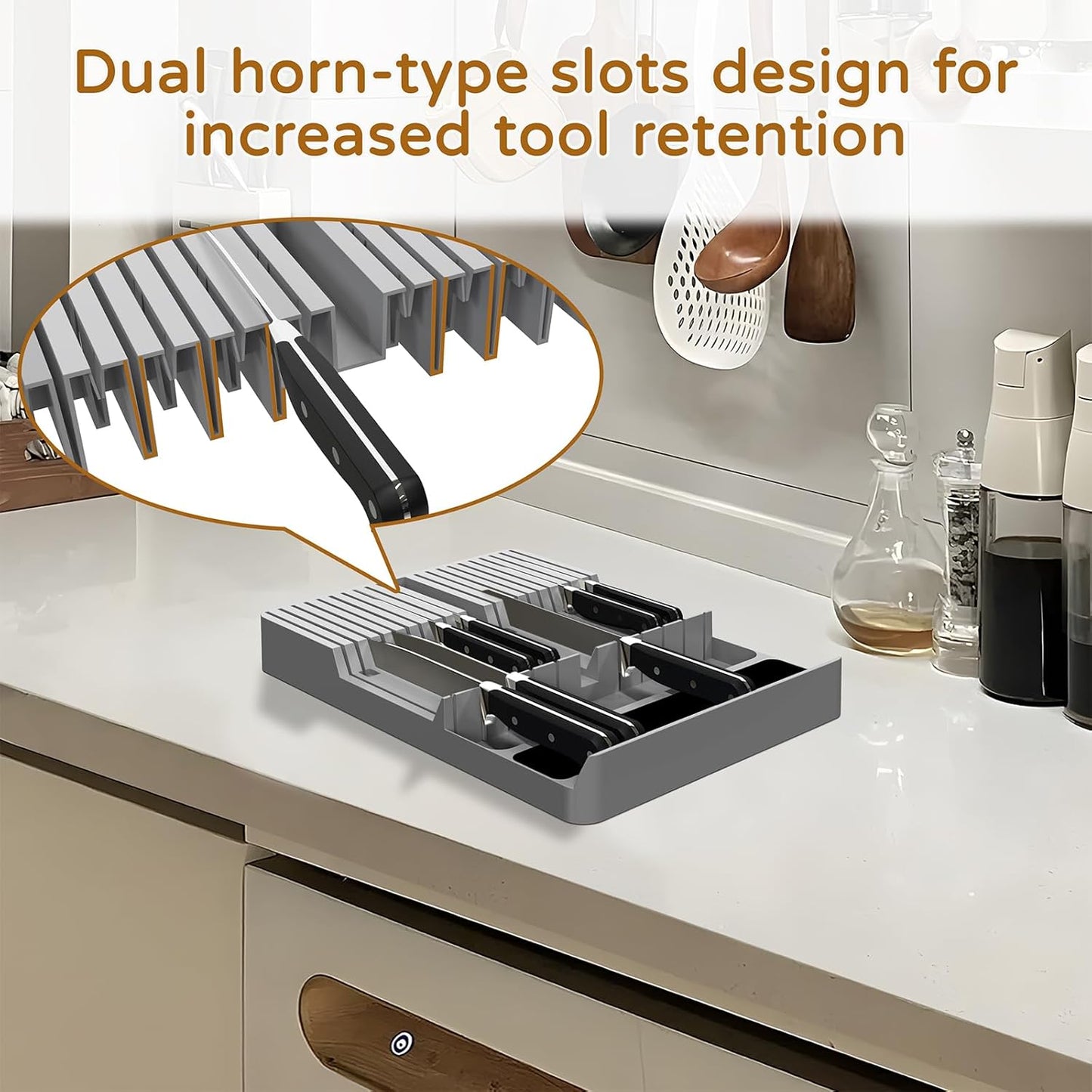 Knife Drawer Organizer, Large Capacity In-Drawer Knife Block Set Holds 20 Knives and 1 Sharpening Steel (Not Included), Suitable for Knife Organizer for Kitchen Drawer