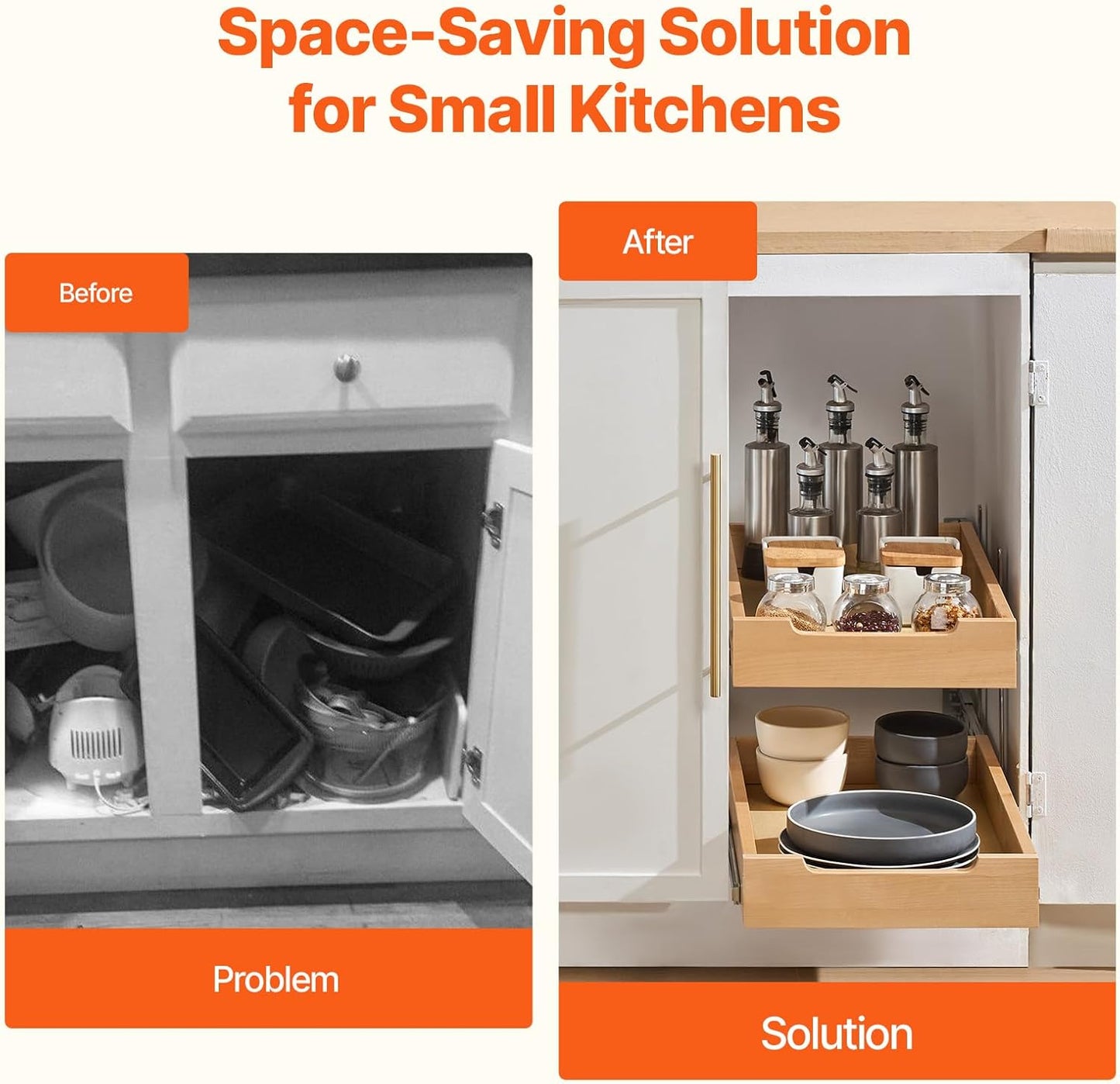 2 Tier Pull Out Cabinet Organizer, 14" W x 21" D Cabinet Drawer, Soft Close Slide out Shelf