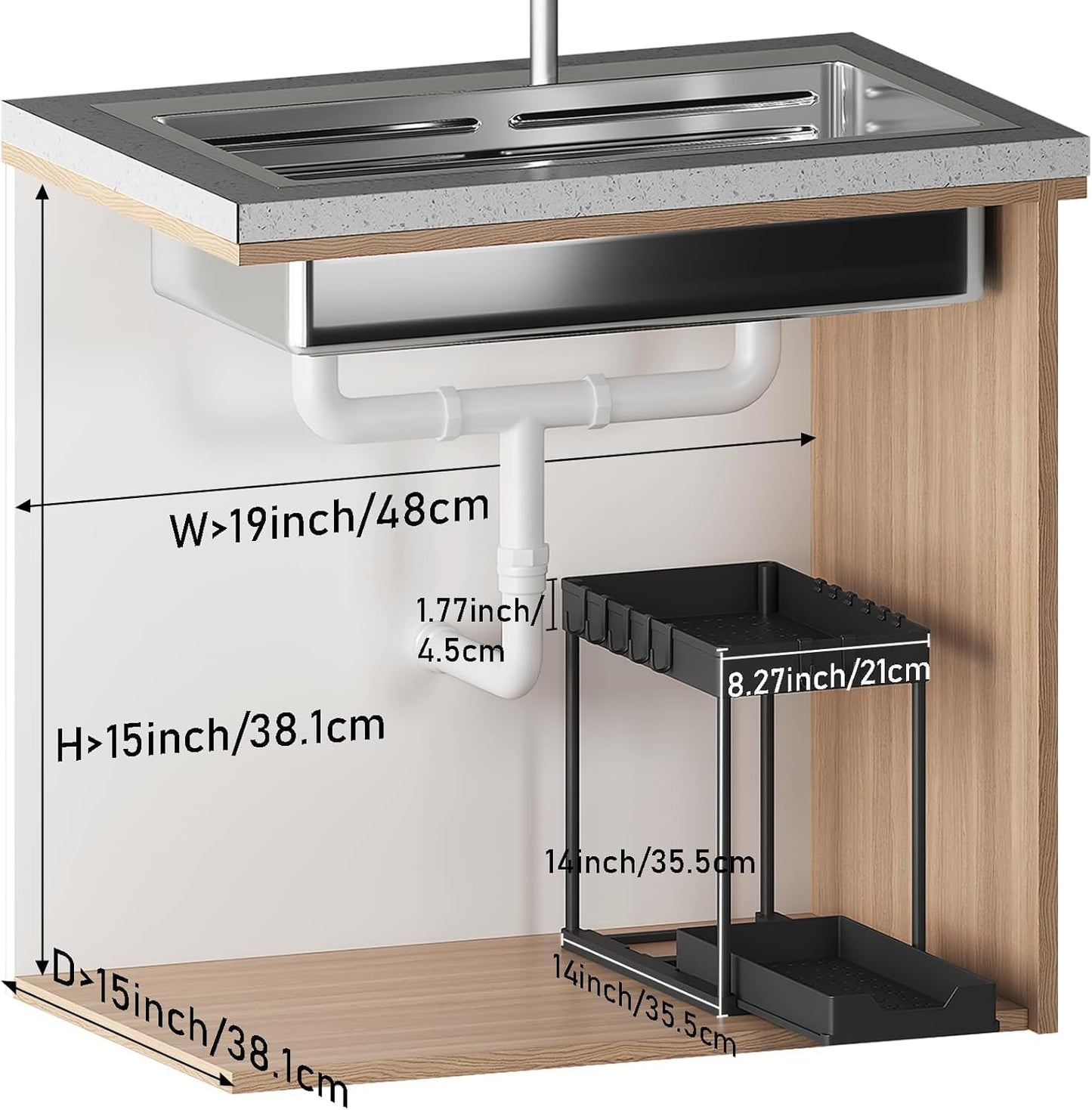 2 Pack black Under Sink Organizers and Storage, 2-Tier Sliding Cabinet Basket Organizer with Hooks
