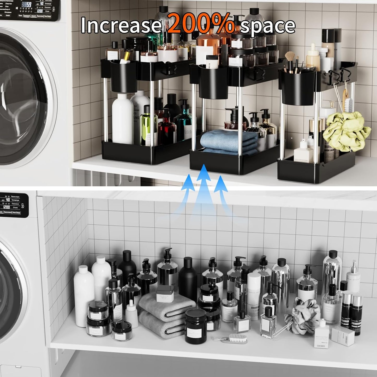 3 Pack Under Sink Organizers and Storage, 2 Tier Bathroom Cabinet Organizer Shelf with Hanging Cups for Kitchen & Bathroom (Black)