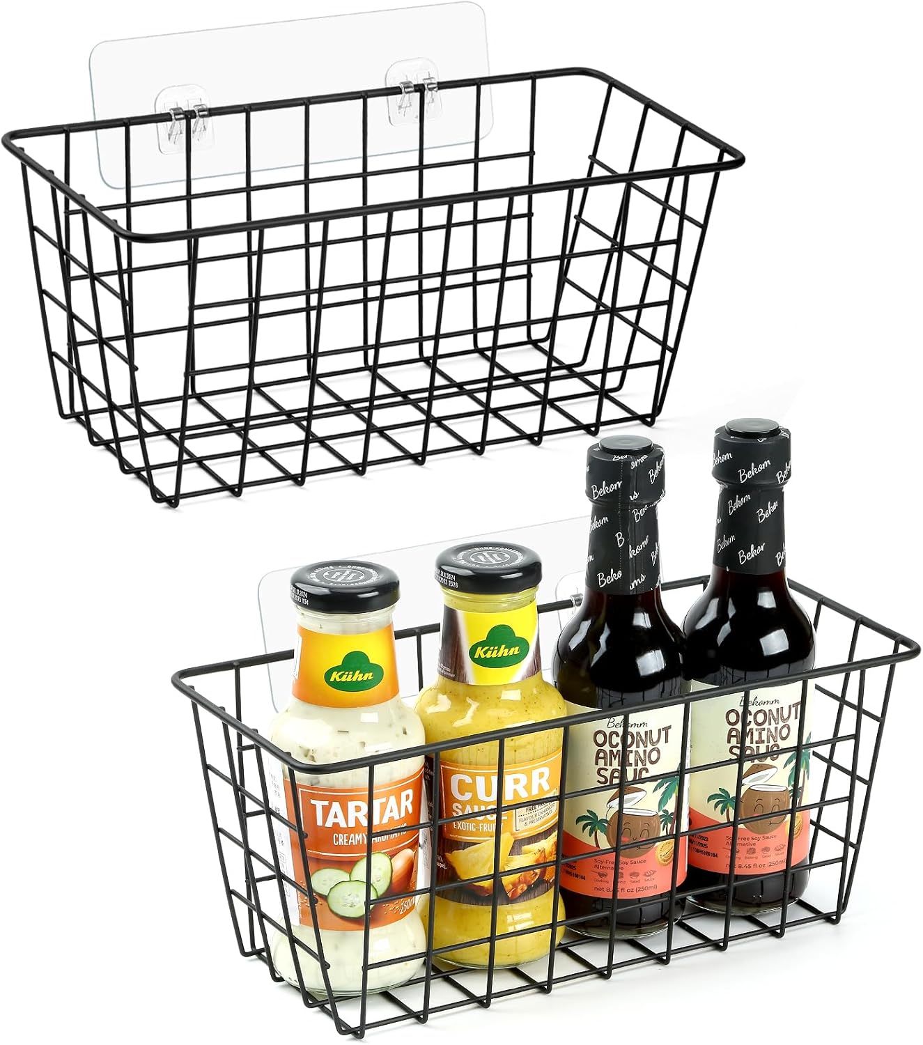 2 Pack Hanging Kitchen Baskets, Adhesive Wire Wall Storage Basket