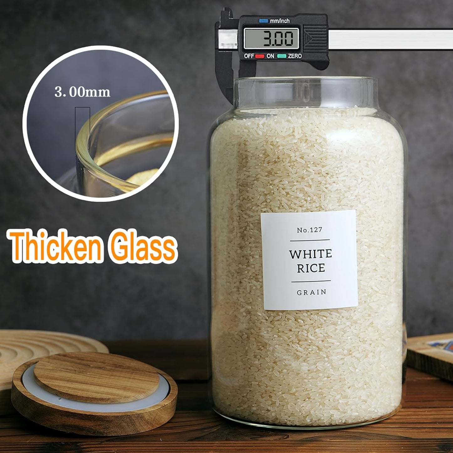 Set of 2 Large Glass Jar with Airtight Acacia Lid and 132 Kitchen Pantry Labels