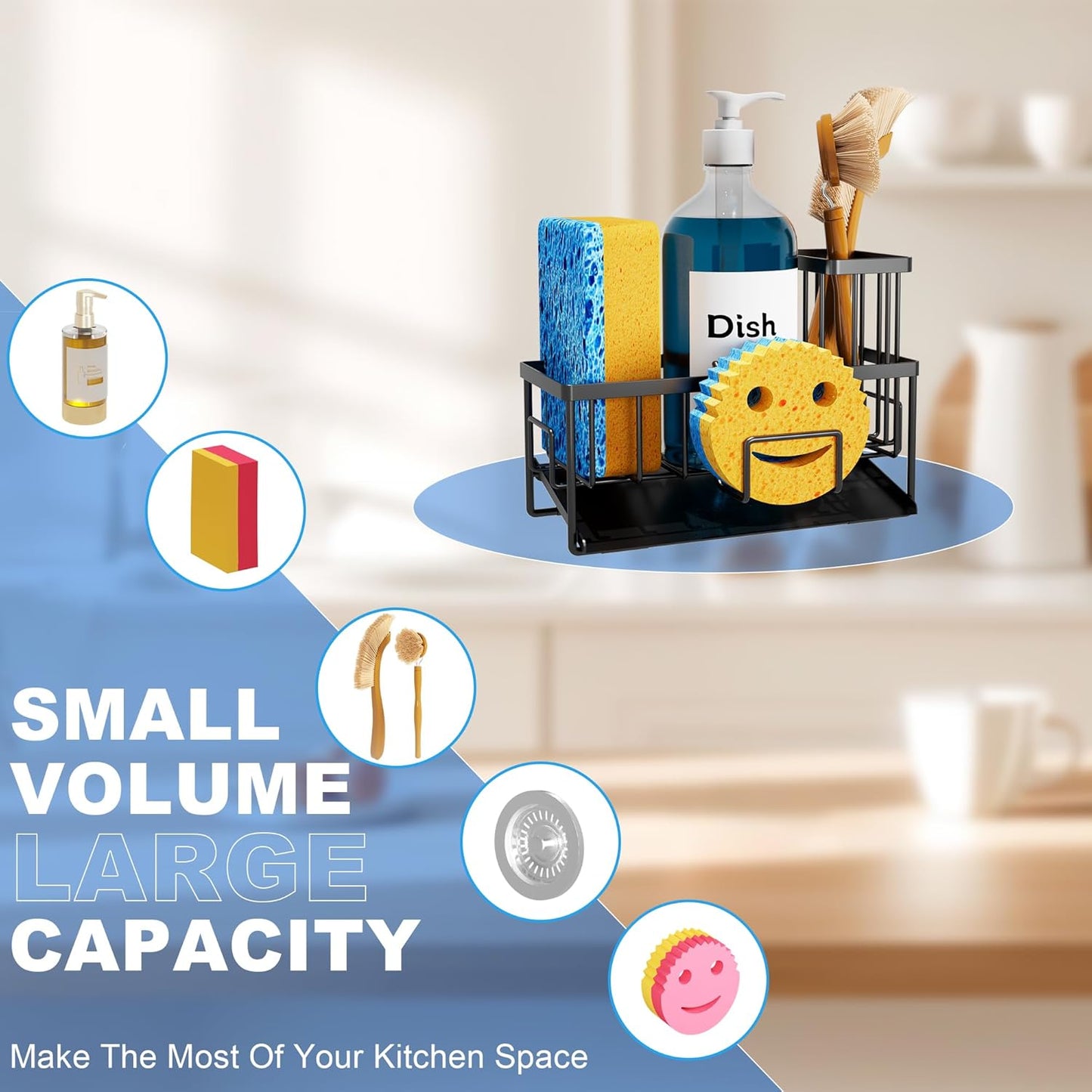 Sponge Holder for Kitchen Sink with Self Tray, Sink Caddy Cocina Organzier with Brush Holder