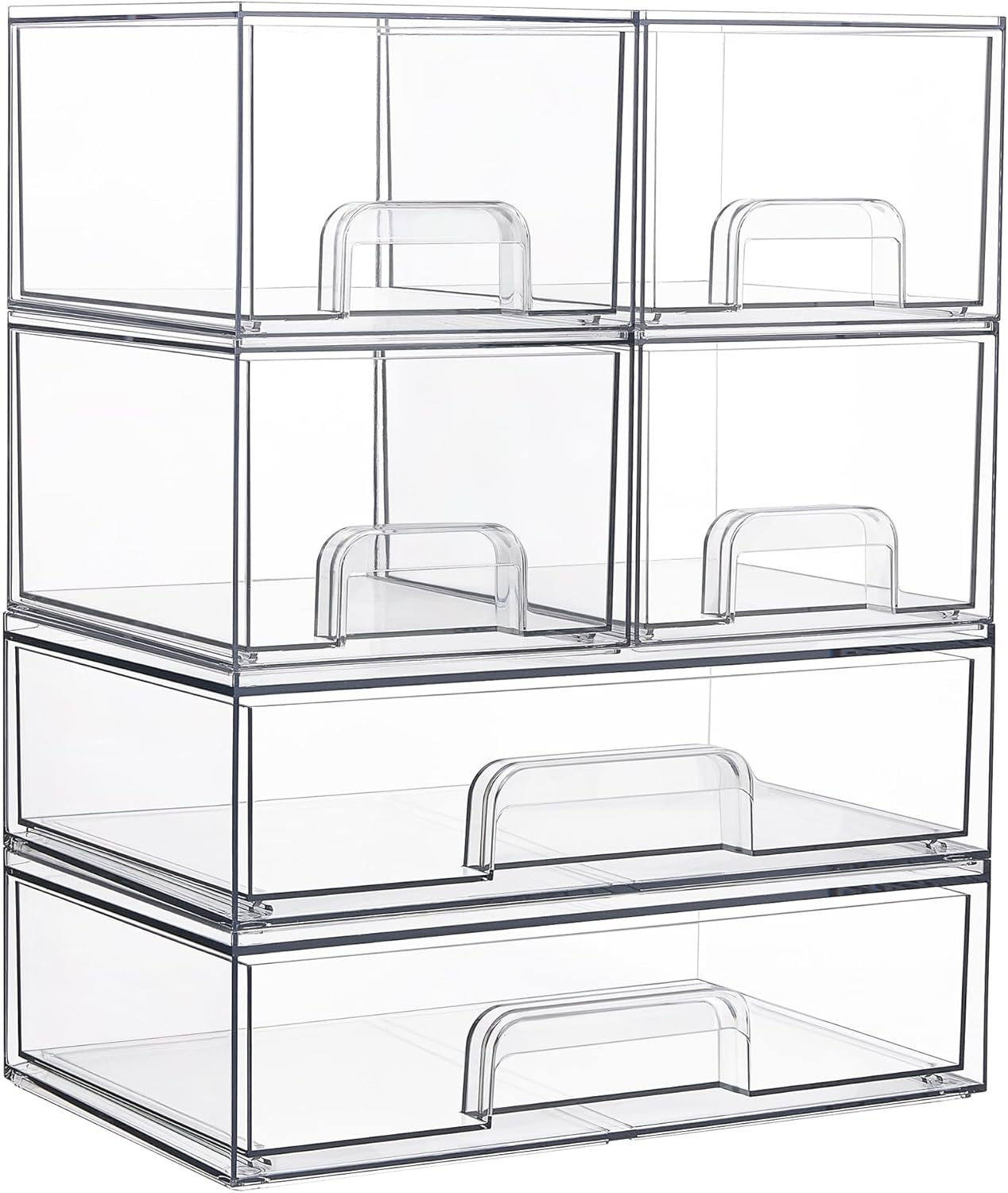 Stackable Storage Drawers Set of 6, Clear Plastic Organizer Bins for Bathroom Supplies