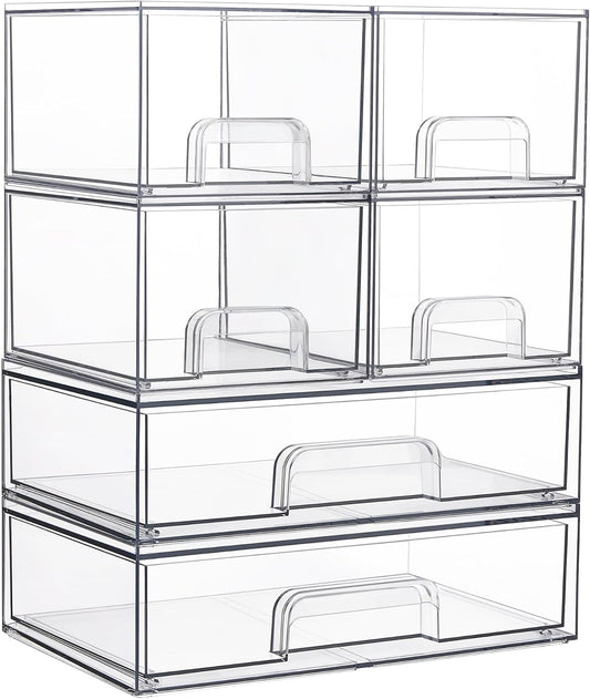 Stackable Storage Drawers Set of 6, Clear Plastic Organizer Bins for Bathroom Supplies