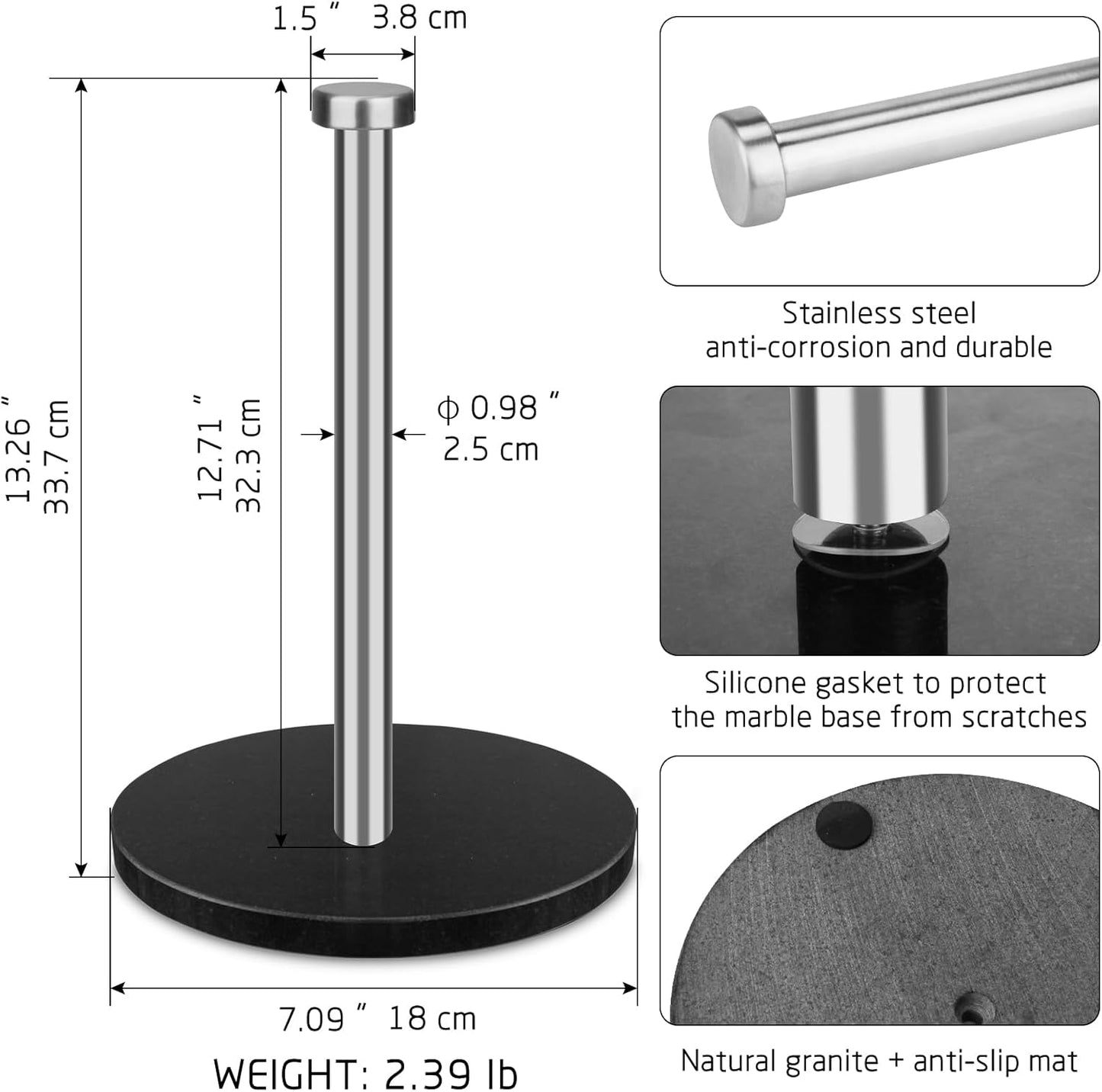 Paper Towel Holder Countertop with 7" Weighted Black Marble Base