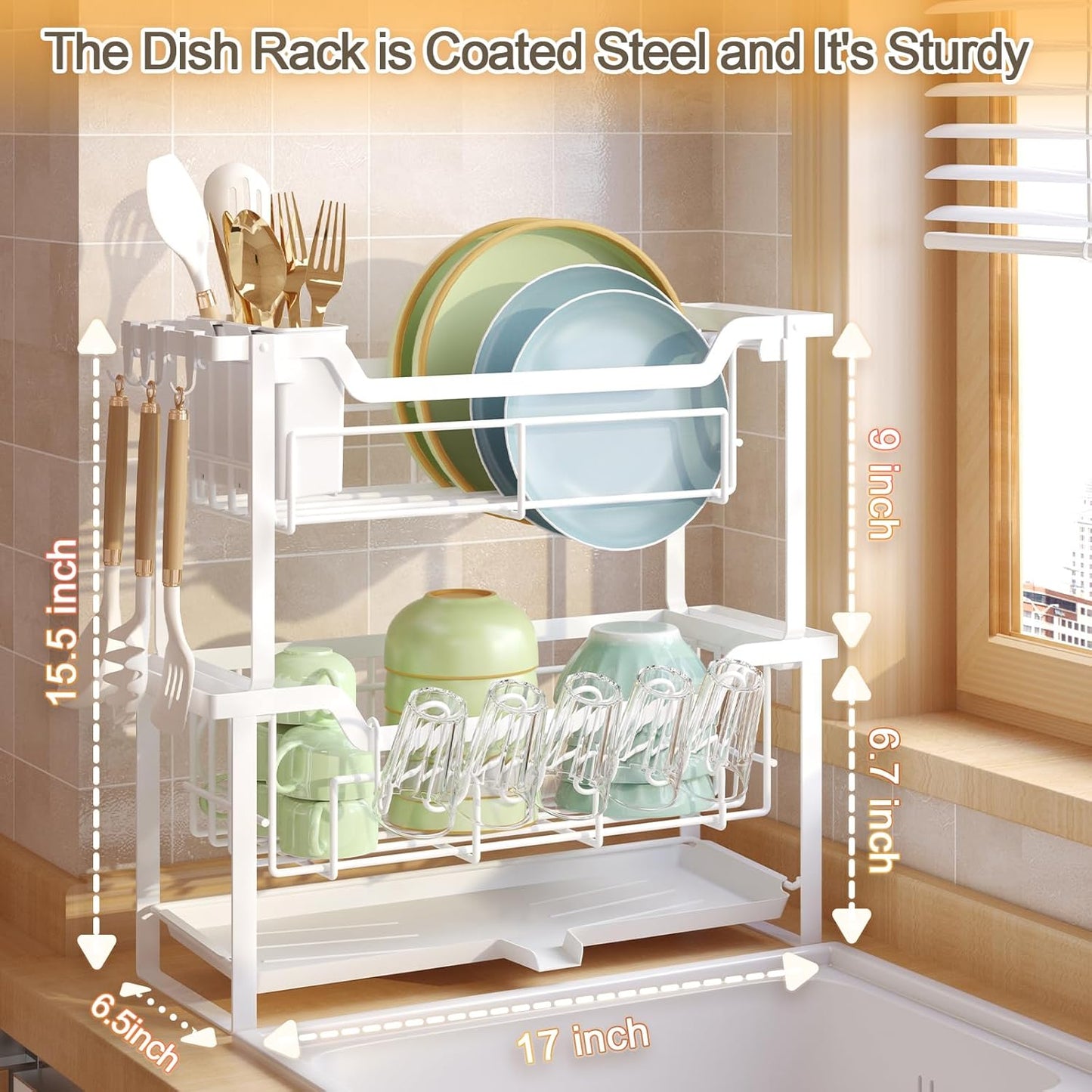 Dish Rack with Drainboard, Organizes Dishes and Bathroom Items for Narrow Spaces
