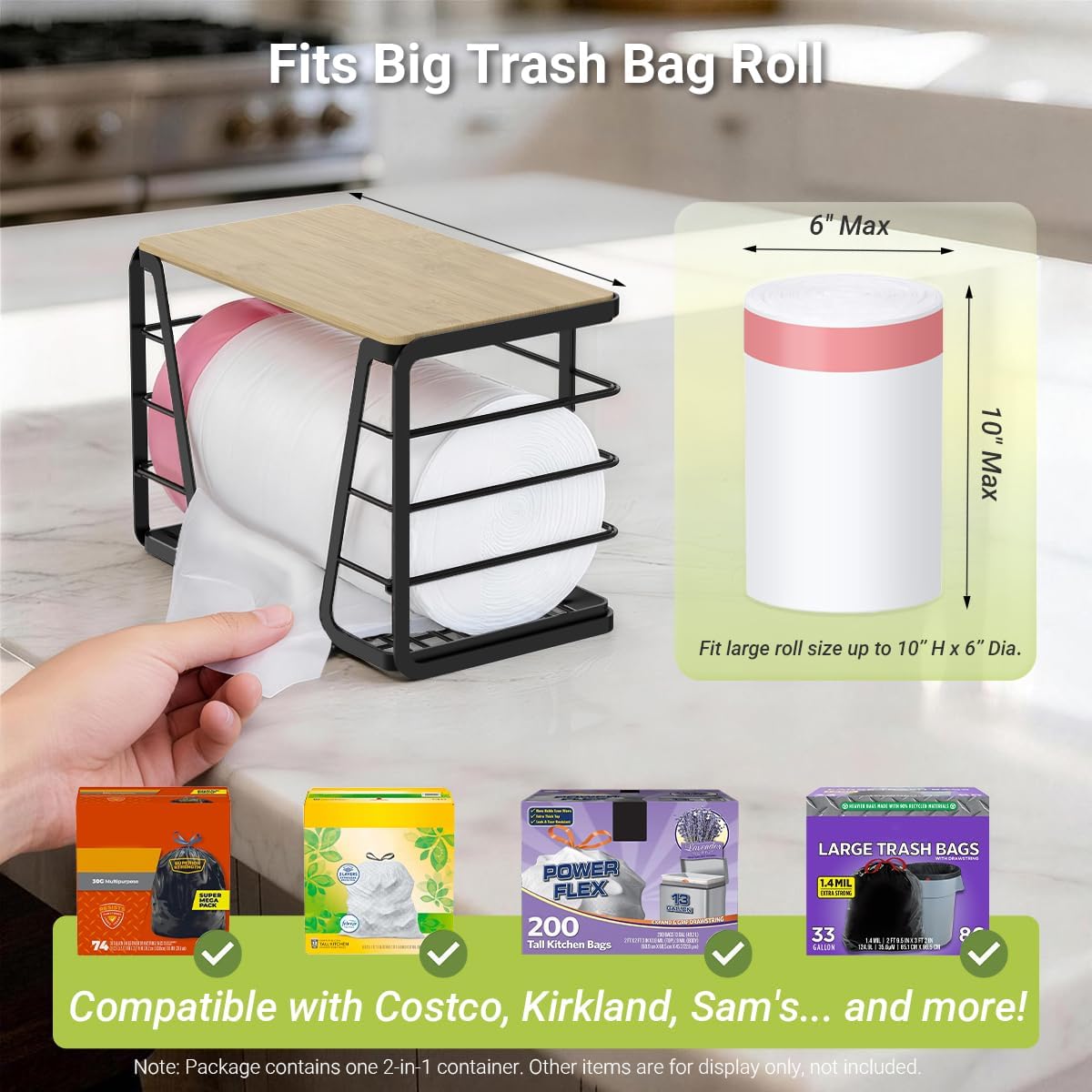 2 in 1 Trash Bag Dispenser Under Sink, Large Garbage Bag Roll Holder with Bamboo Lid