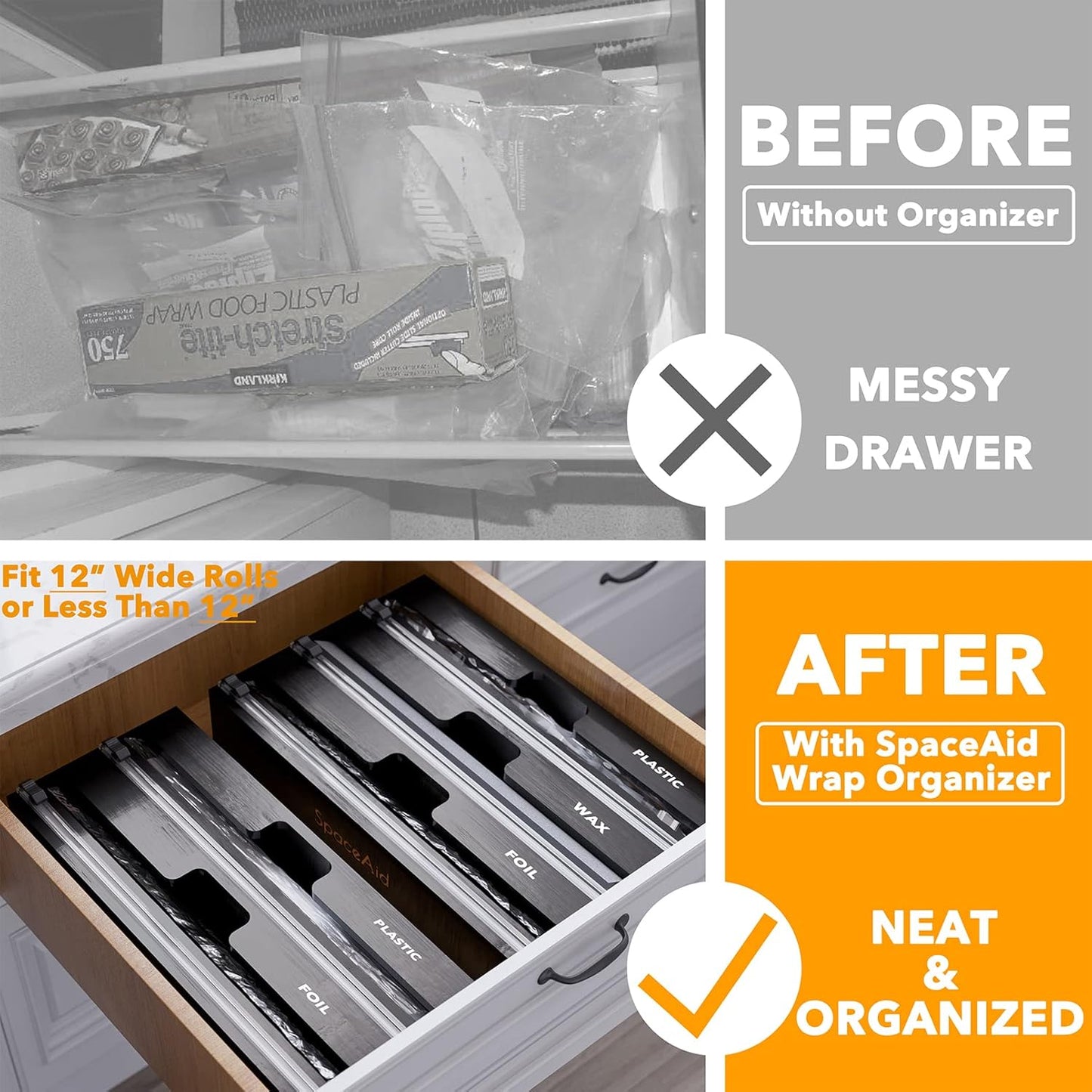 WrapNeat 3 in 1 Wrap Organizer with Cutter and Labels, Plastic Wrap