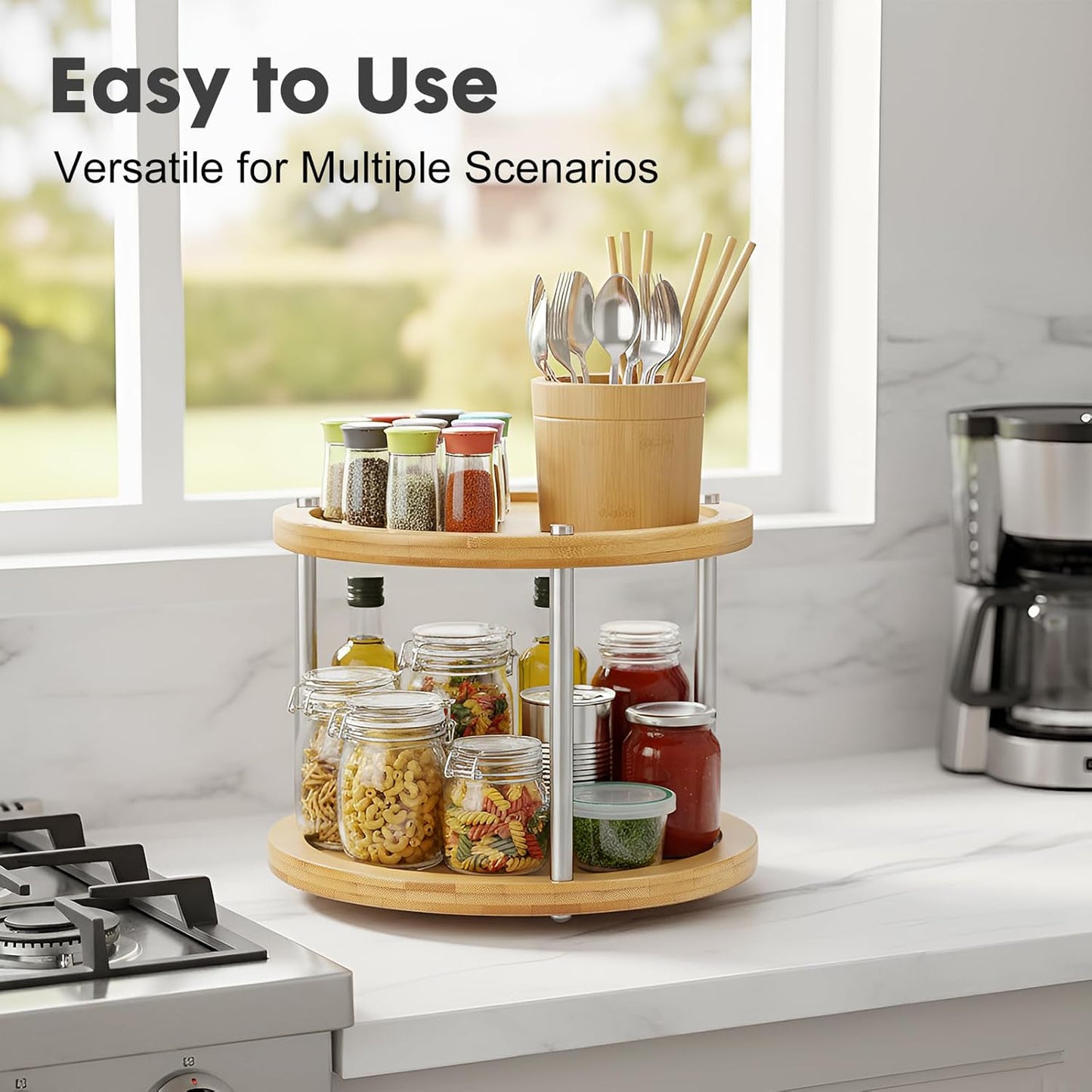 2 Tier Lazy Susan Organizer,Revolving Spice Rack,10 inch Wood Lazy Susan Turntable for Cabinet