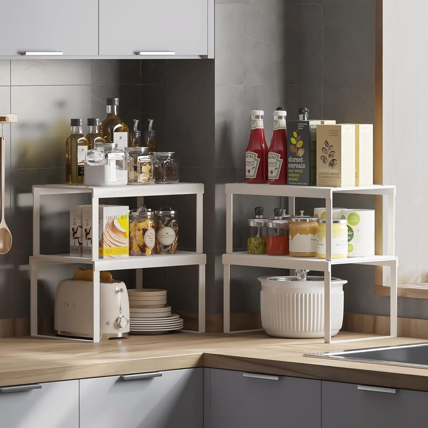 Cabinet Organizer Shelf, Set of 4 Cabinet Shelves, Stackable Metal Kitchen Counter Organizer