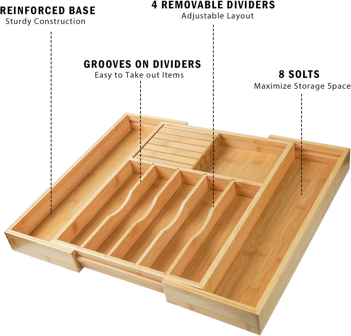 Wencrfat Silverware Drawer Organizer with Removable Knife Block and Dividers