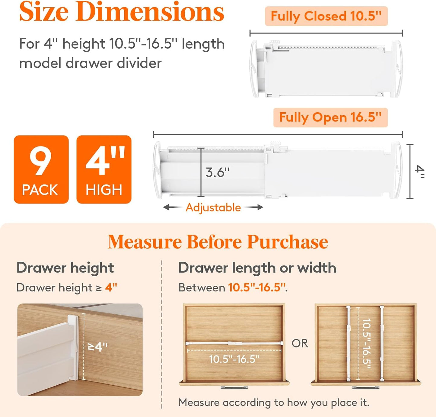 4" Tall 9 Pack Drawer Dividers, 27-42cm/10.5-16.5" Expandable Drawer Divider for Clothes