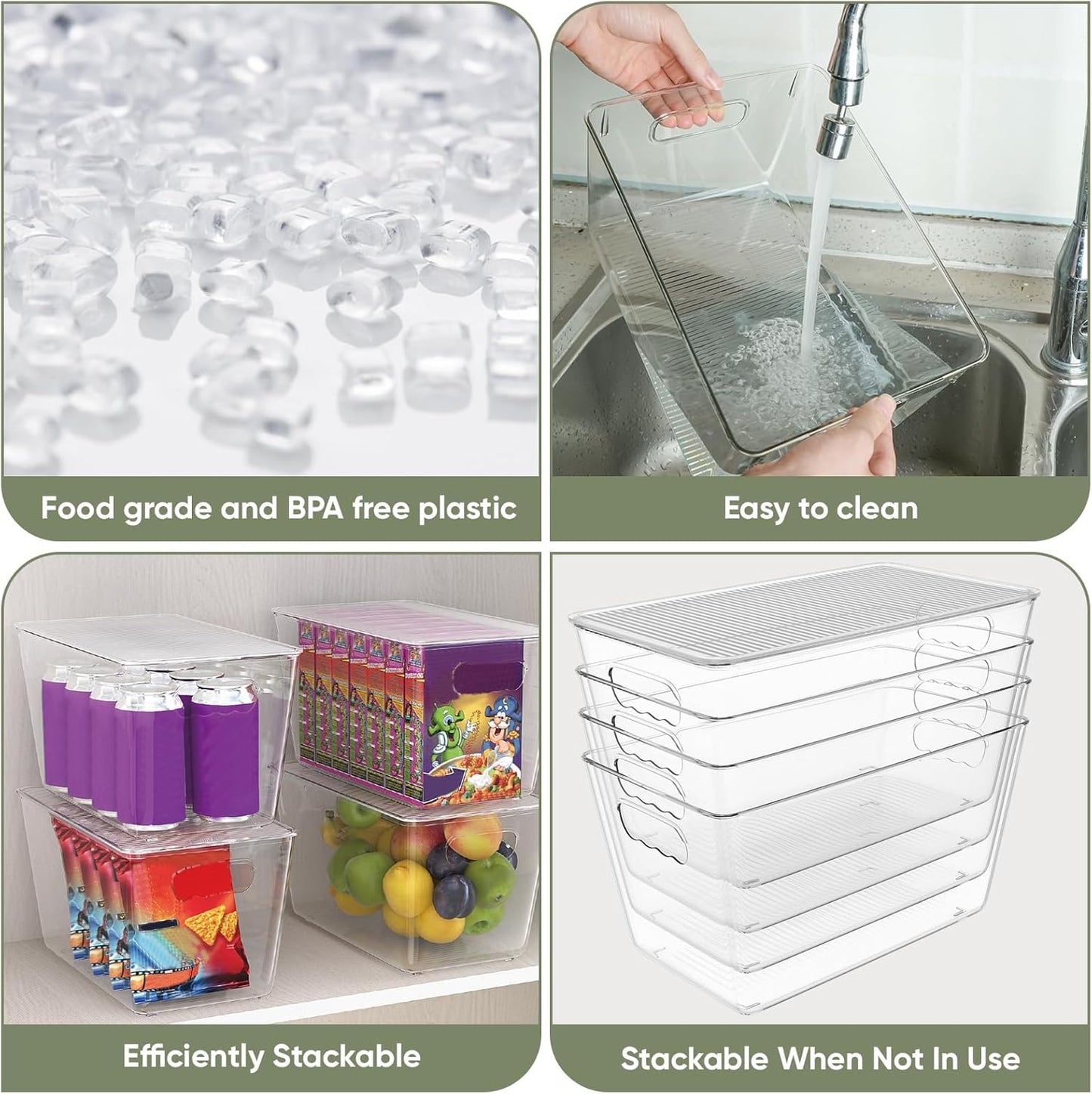 Clear Stackable Storage Bins with Lids, Plastic Containers with Handle for Pantry Organizers and Storage, Plastic Bins for Fridge, Kitchen, Bathroom, Cabinet (13x7.4x7, 6PK)