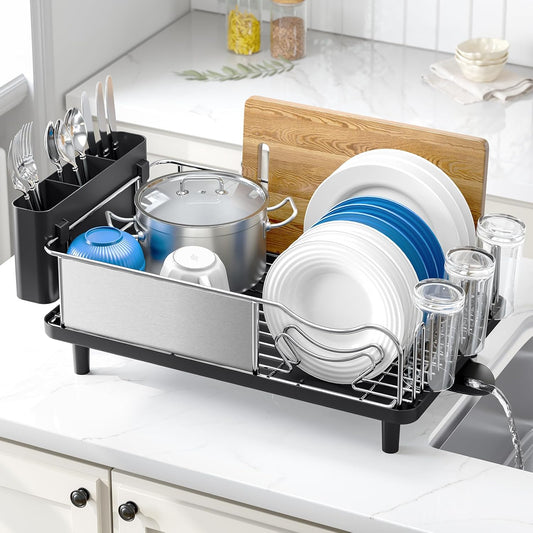 Stainless Steel Dish Drying Rack - Large Capacity Kitchen Counter Organizer with Drain Board