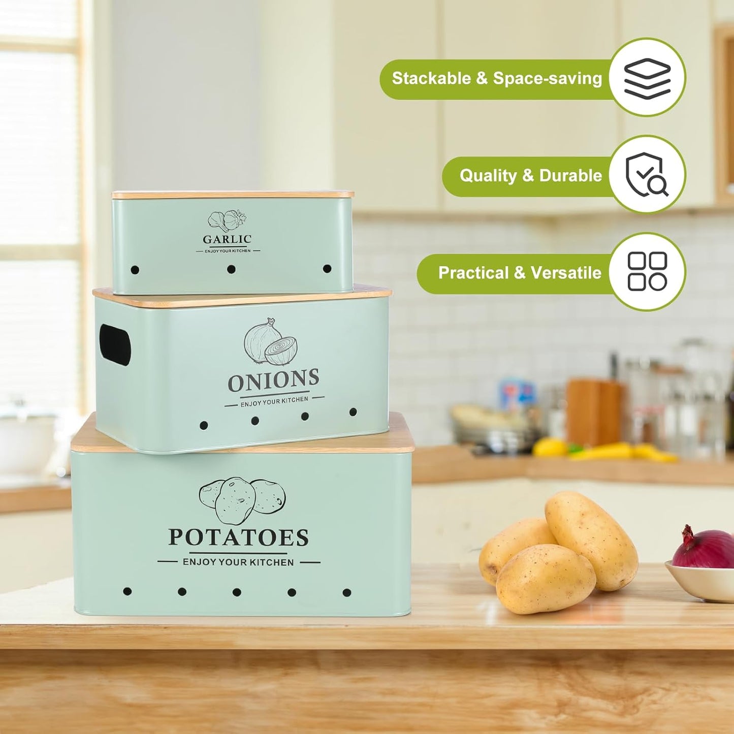 Kitchen Vegetable Storage Set of 3, Metal Onion Garlic Potato Storage Set
